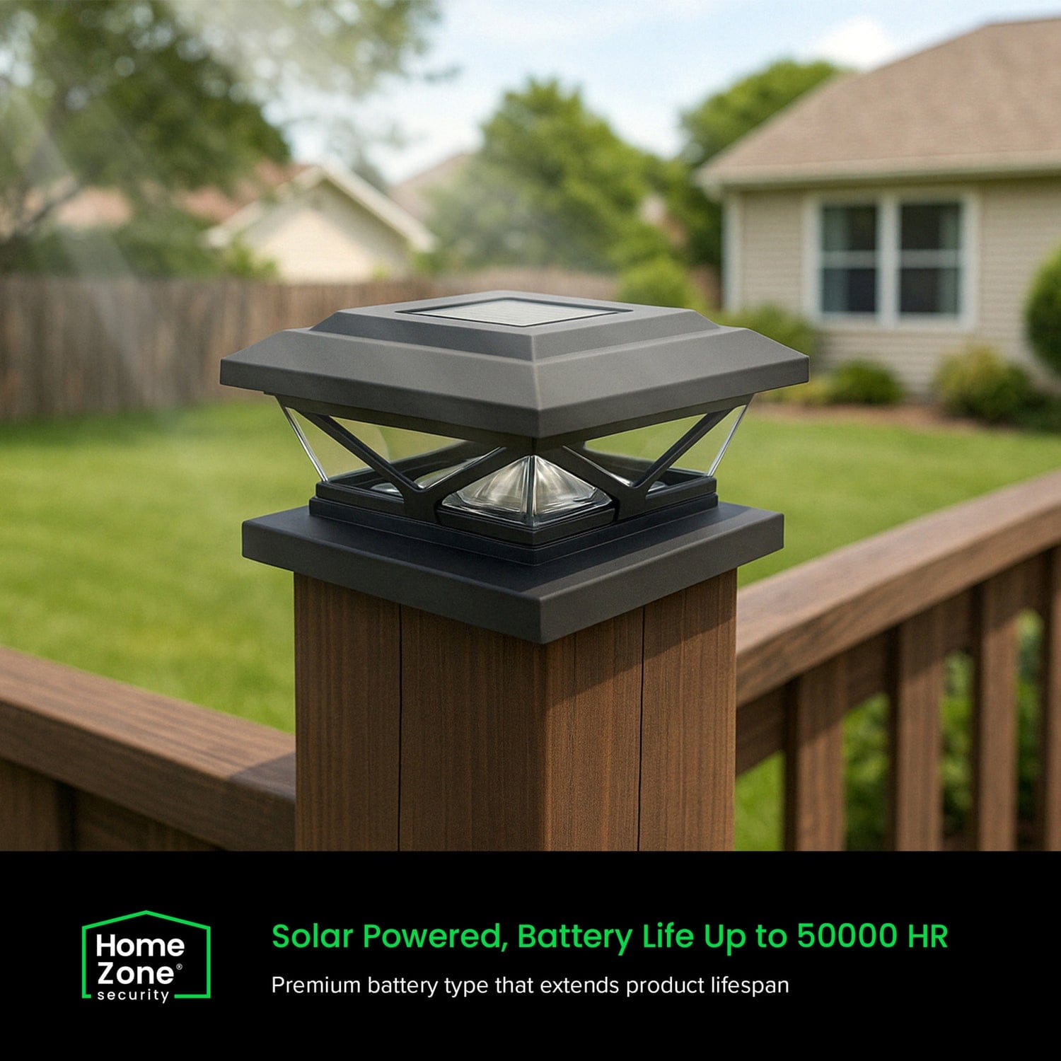 Home Zone Security Crown-Style Solar-Powered LED Post Cap Light with Adjustable Color Temperature, 4 Pack, Black