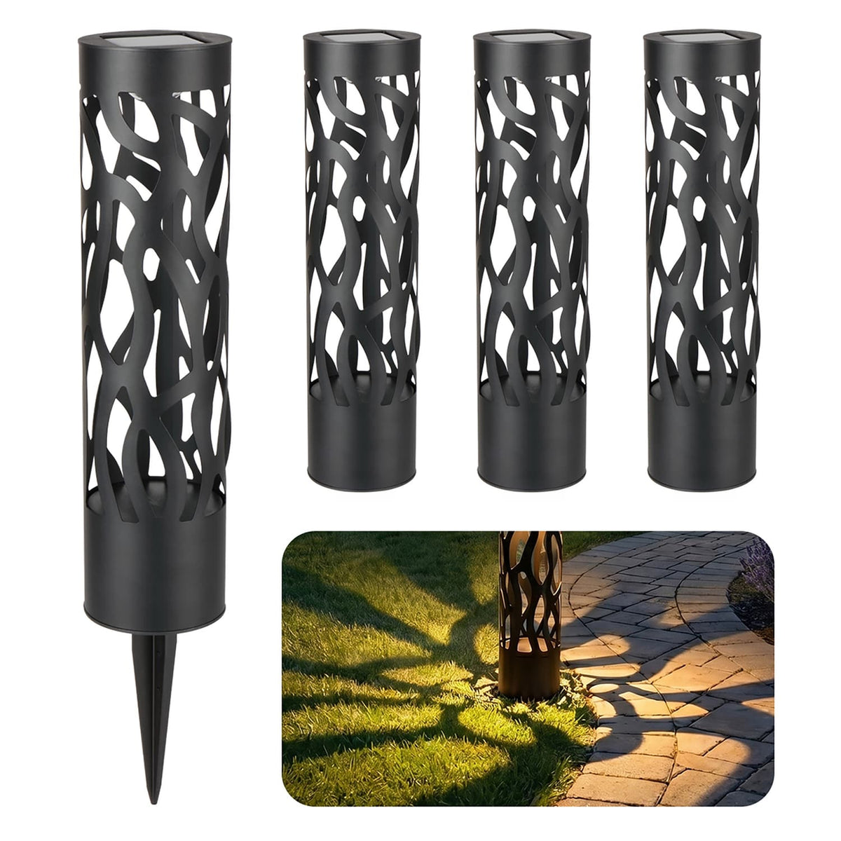 Home Zone Security Hollow-Metal Bollard Solar Outdoor Light for Pathways, 50 Lumens, Ground Stake, 2 Light Modes, Dusk to Dawn, 4 Pack