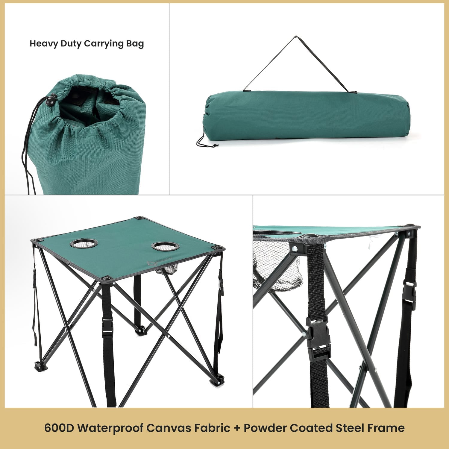 Arrowhead Outdoor Portable Folding Camping Table with 2 Cup-Holders and Carrying Bag, 18.5 In. x 18.5 In., Heavy-Duty 600D Canvas and Steel, Green