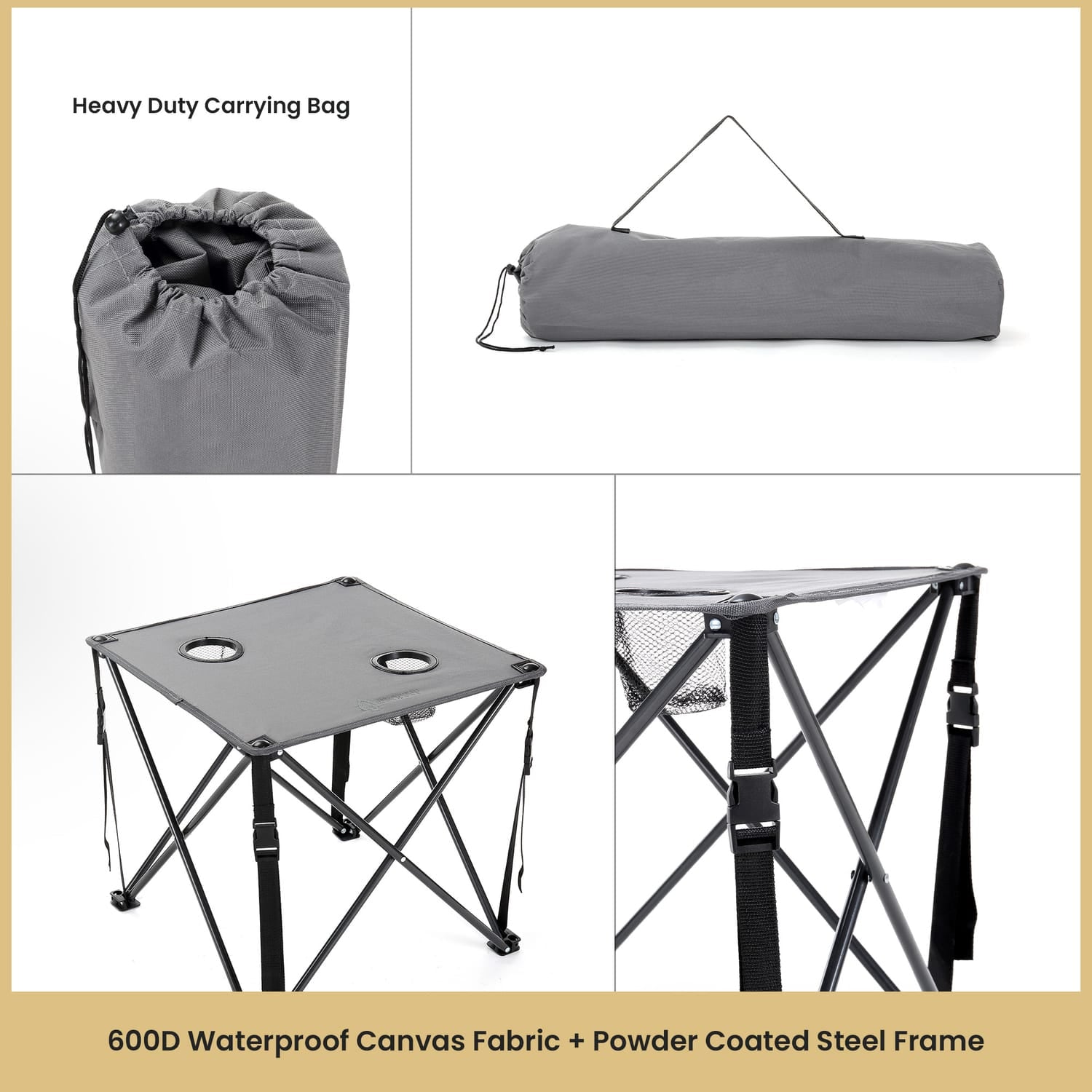 Arrowhead Outdoor Portable Folding Camping Table with 2 Cup-Holders and Carrying Bag, 18.5 In. x 18.5 In., Heavy-Duty 600D Canvas and Steel, Gray