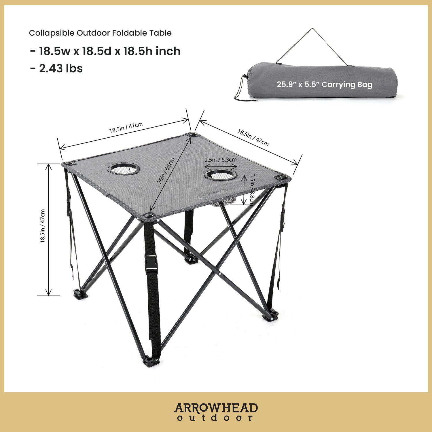 Arrowhead Outdoor Portable Folding Camping Table with 2 Cup-Holders and Carrying Bag, 18.5 In. x 18.5 In., Heavy-Duty 600D Canvas and Steel, Gray