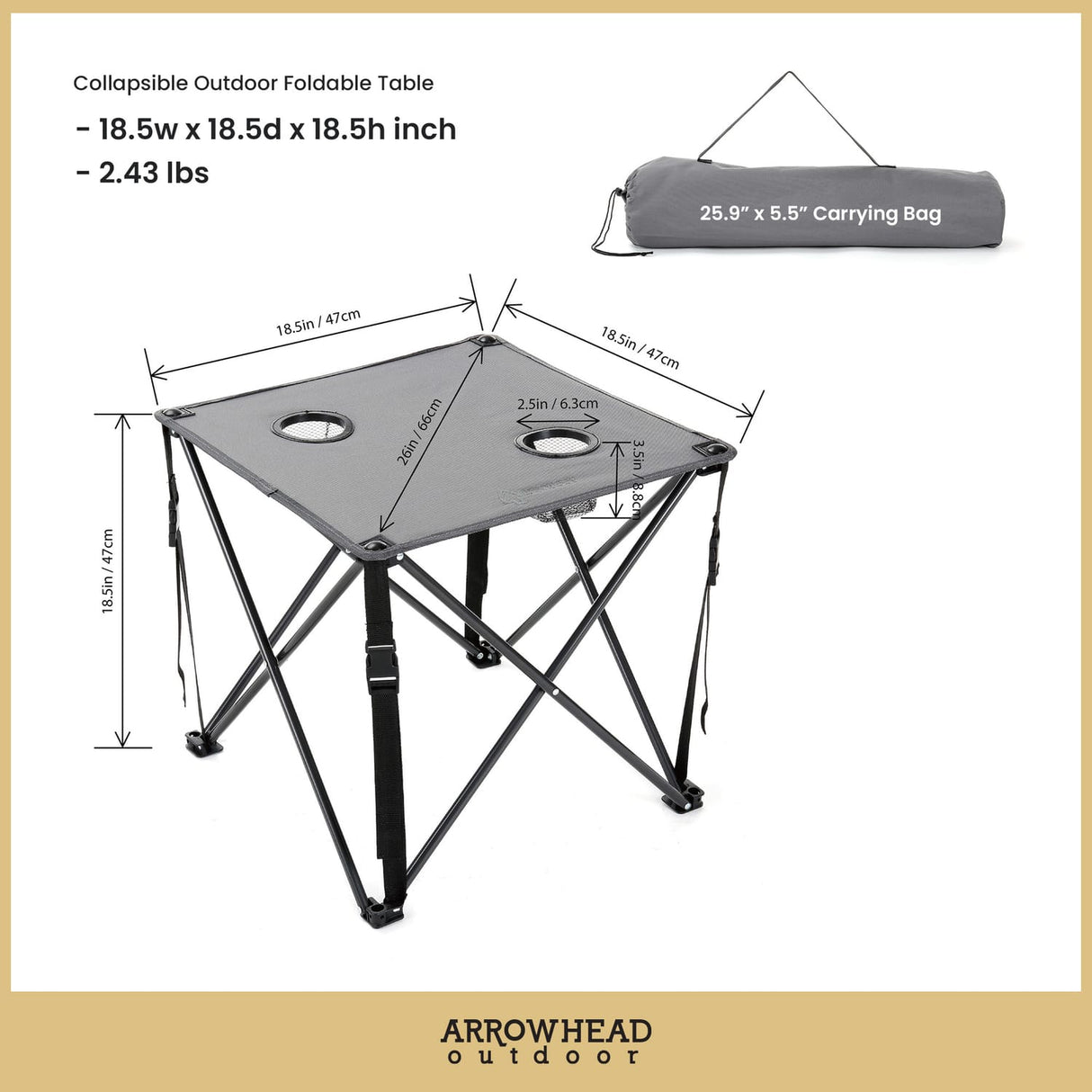 Arrowhead Outdoor Portable Folding Camping Table with 2 Cup-Holders and Carrying Bag, 18.5 In. x 18.5 In., Heavy-Duty 600D Canvas and Steel, Gray