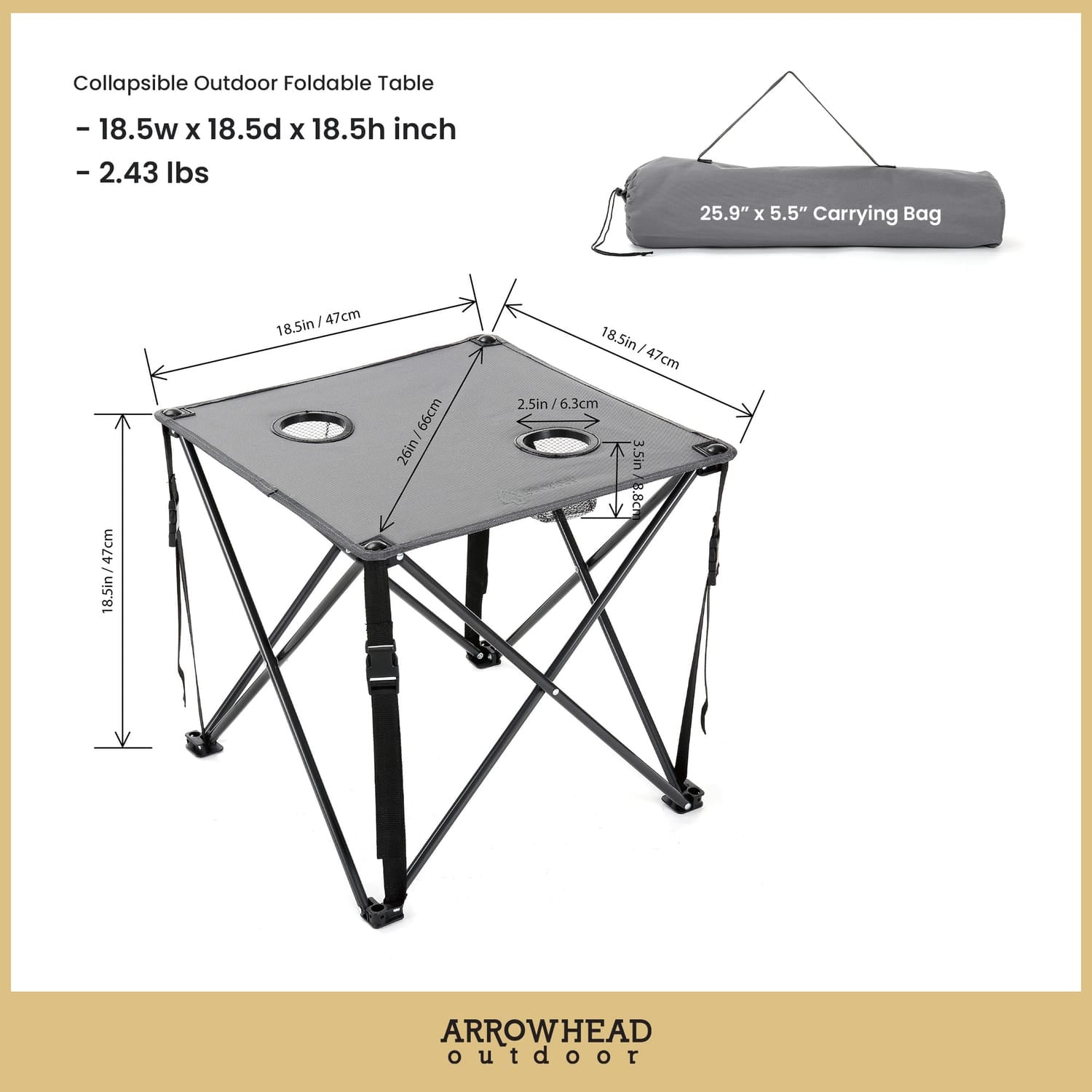 Arrowhead Outdoor Portable Folding Camping Table with 2 Cup-Holders and Carrying Bag, 18.5 In. x 18.5 In., Heavy-Duty 600D Canvas and Steel, Gray
