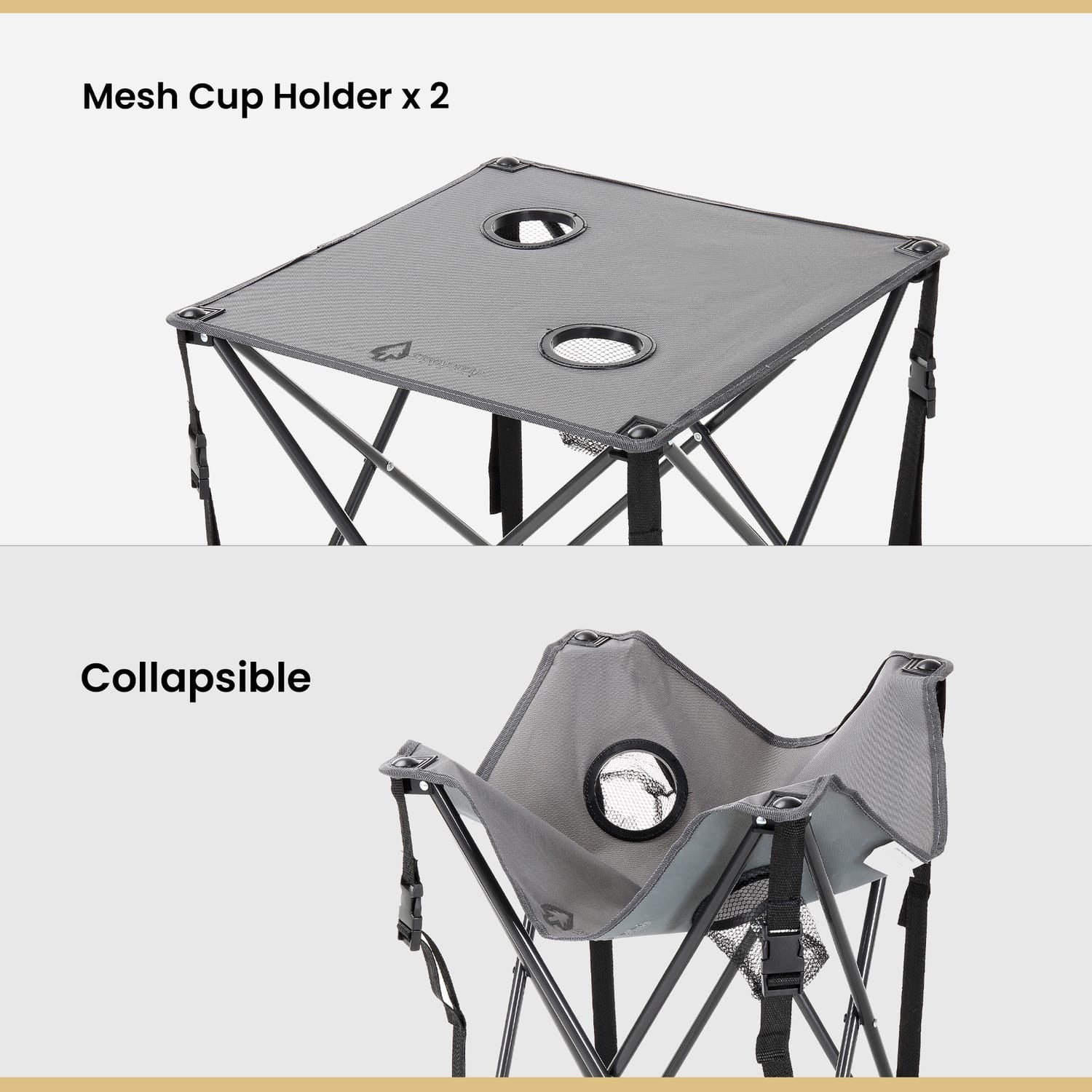 Arrowhead Outdoor Portable Folding Camping Table with 2 Cup-Holders and Carrying Bag, 18.5 In. x 18.5 In., Heavy-Duty 600D Canvas and Steel, Gray