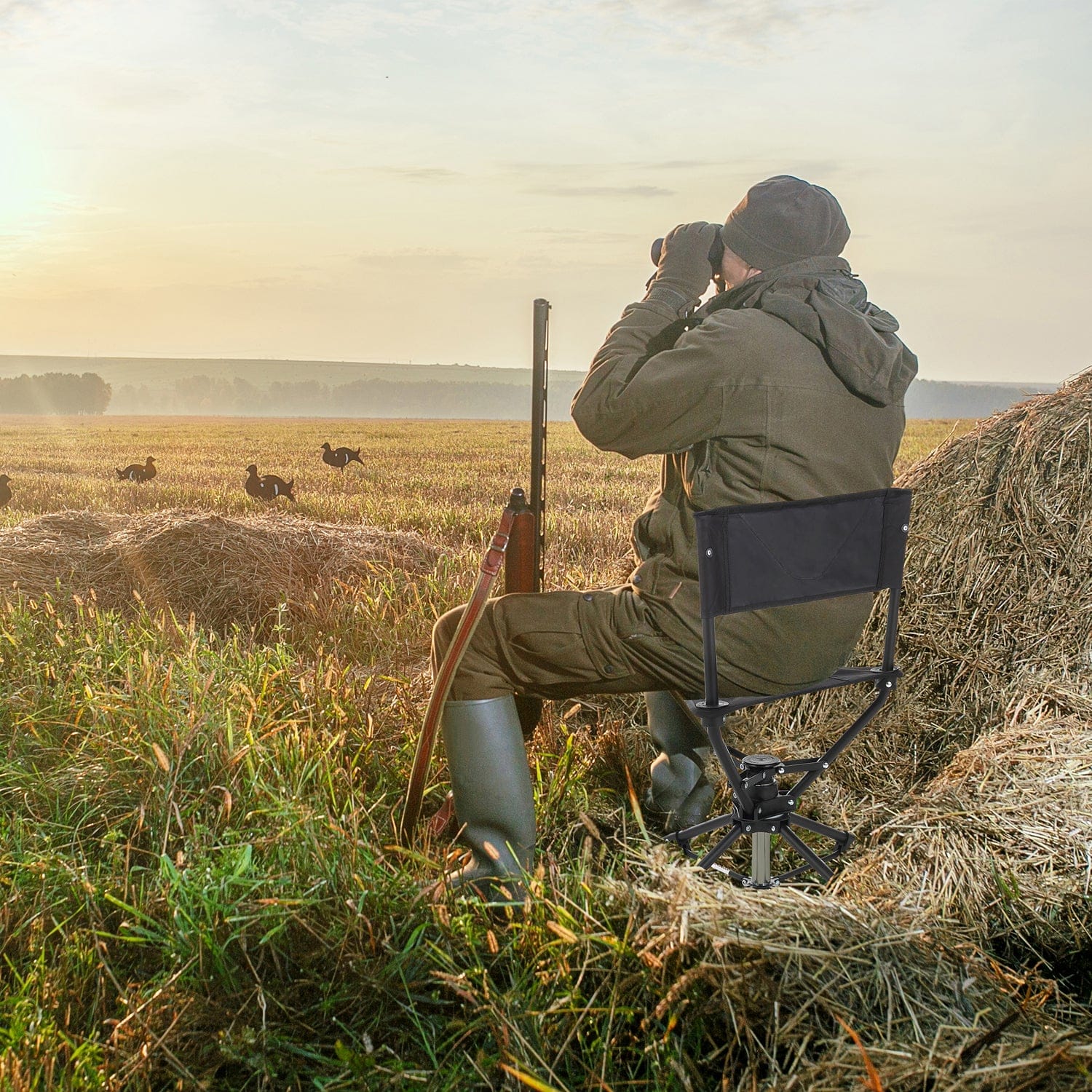 Arrowhead Outdoor 360°-Swiveling Compact Hunting Blind and Fishing Chair Stool Seat, Charcoal Black