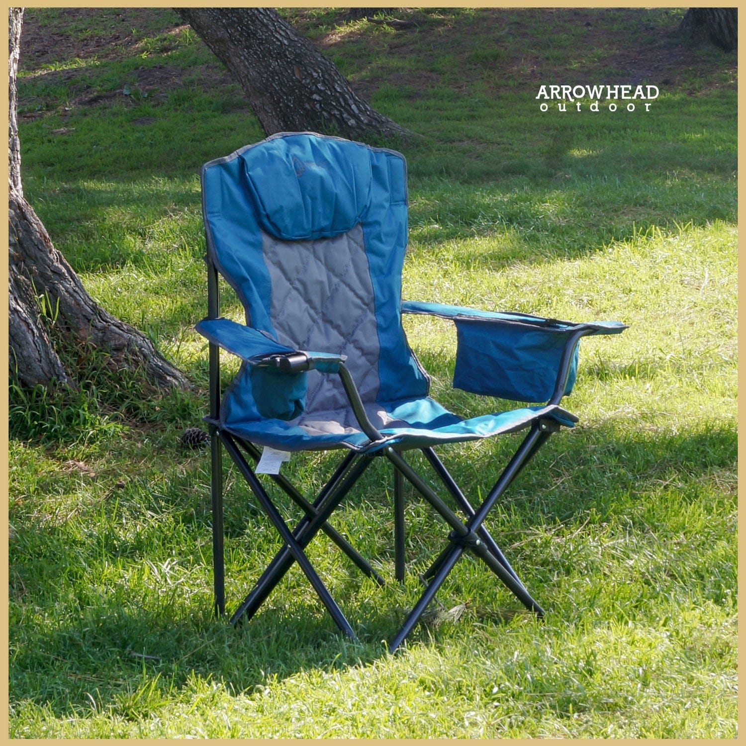 Arrowhead Outdoor Portable Folding Camping Quad Chair with 6-Can Armrest Cooler, Ocean Blue