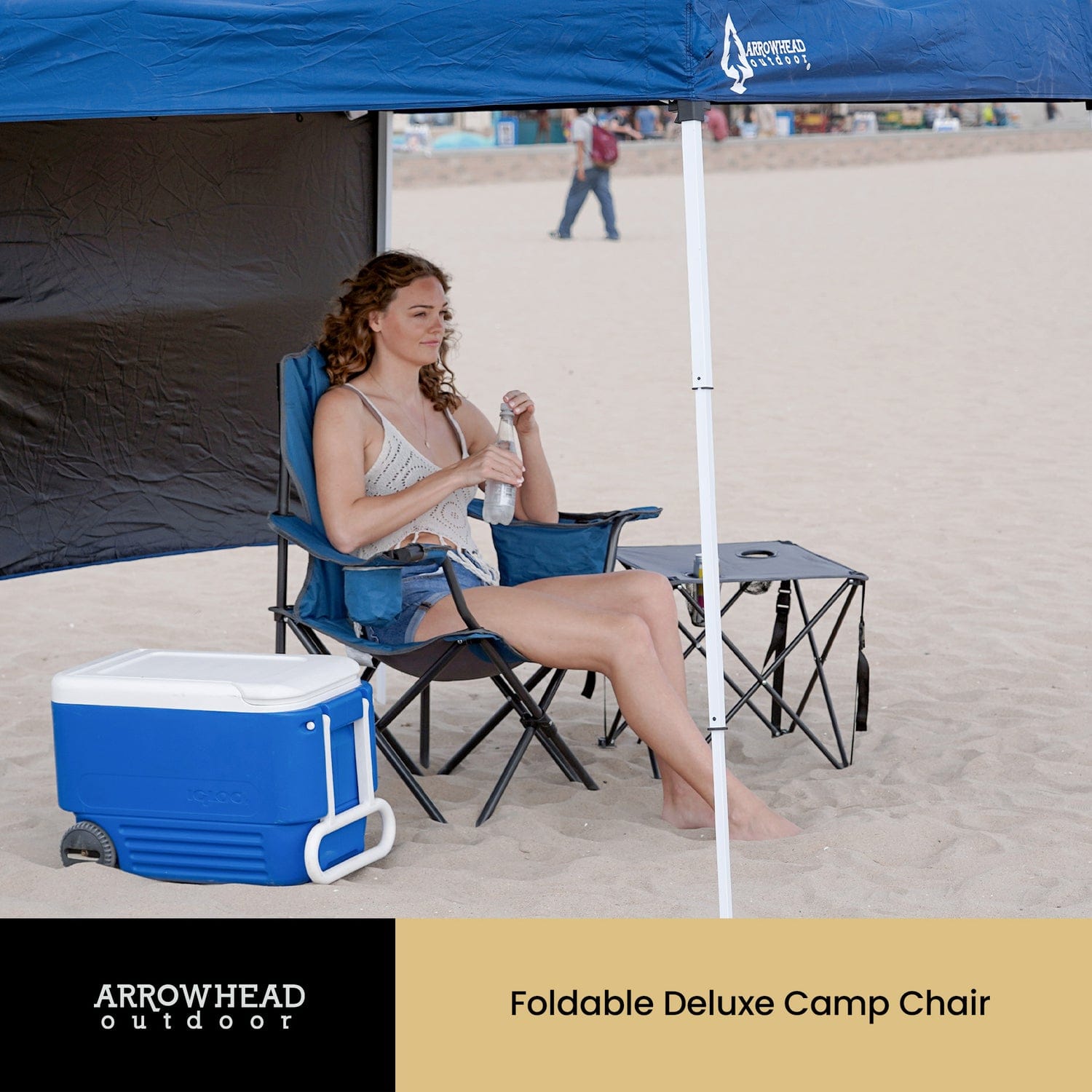 Arrowhead Outdoor Portable Folding Camping Quad Chair with 6-Can Armrest Cooler, Ocean Blue