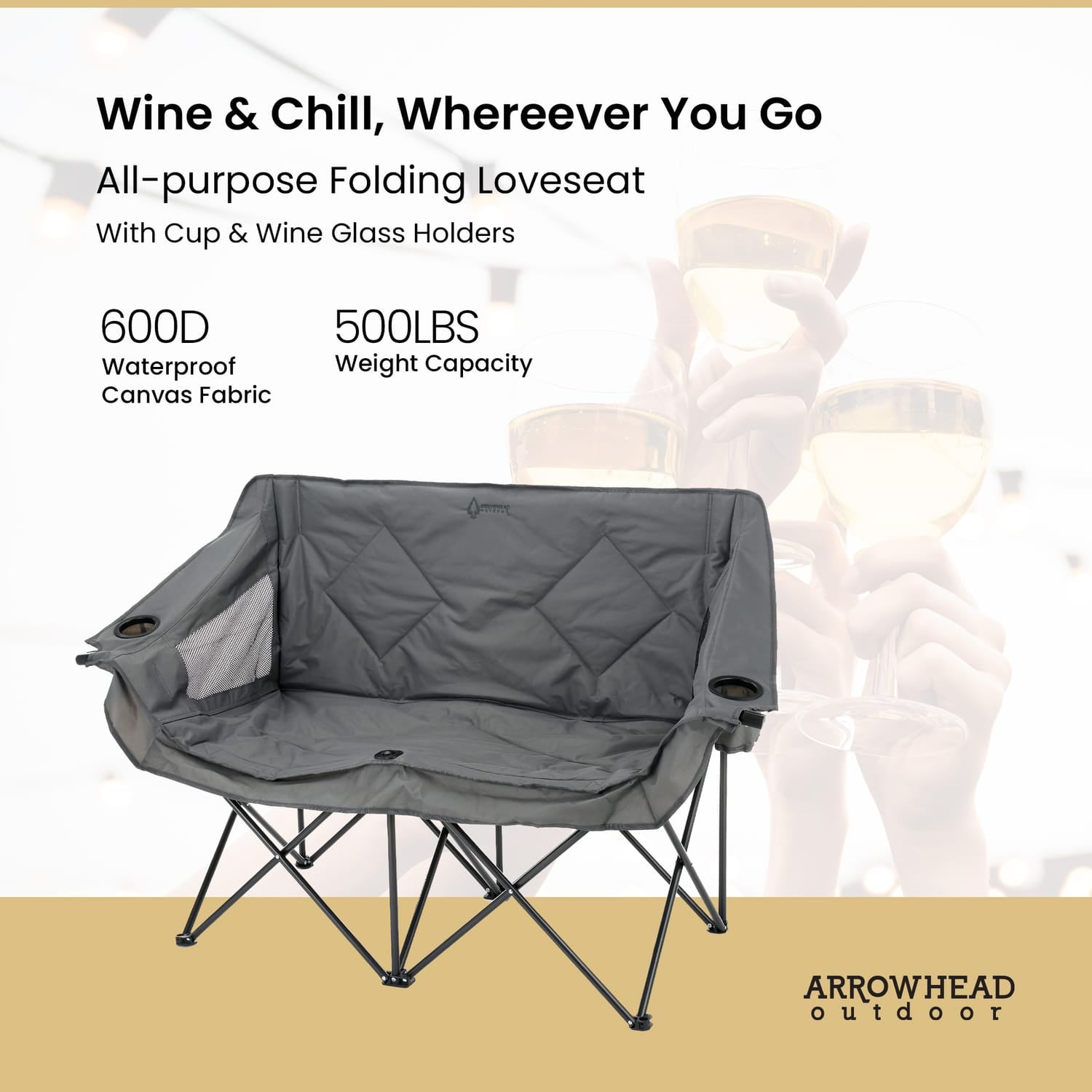 Arrowhead Outdoor Portable Folding Double Duo Camping Chair Loveseat with 2 Cup-Holders, Wine Glass Holder, Carrying Bag, 56 In. x 21 In.