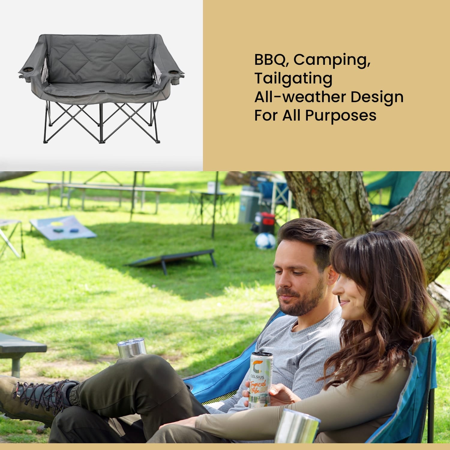 Arrowhead Outdoor Portable Folding Double Duo Camping Chair Loveseat with 2 Cup-Holders, Wine Glass Holder, Carrying Bag, 56 In. x 21 In.