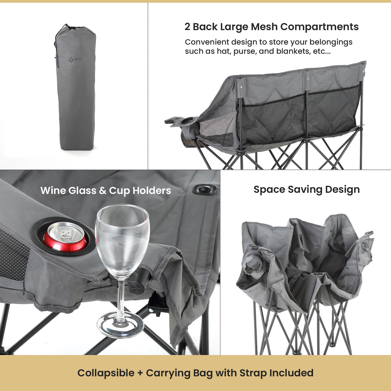 Arrowhead Outdoor Portable Folding Double Duo Camping Chair Loveseat with 2 Cup-Holders, Wine Glass Holder, Carrying Bag, 56 In. x 21 In.
