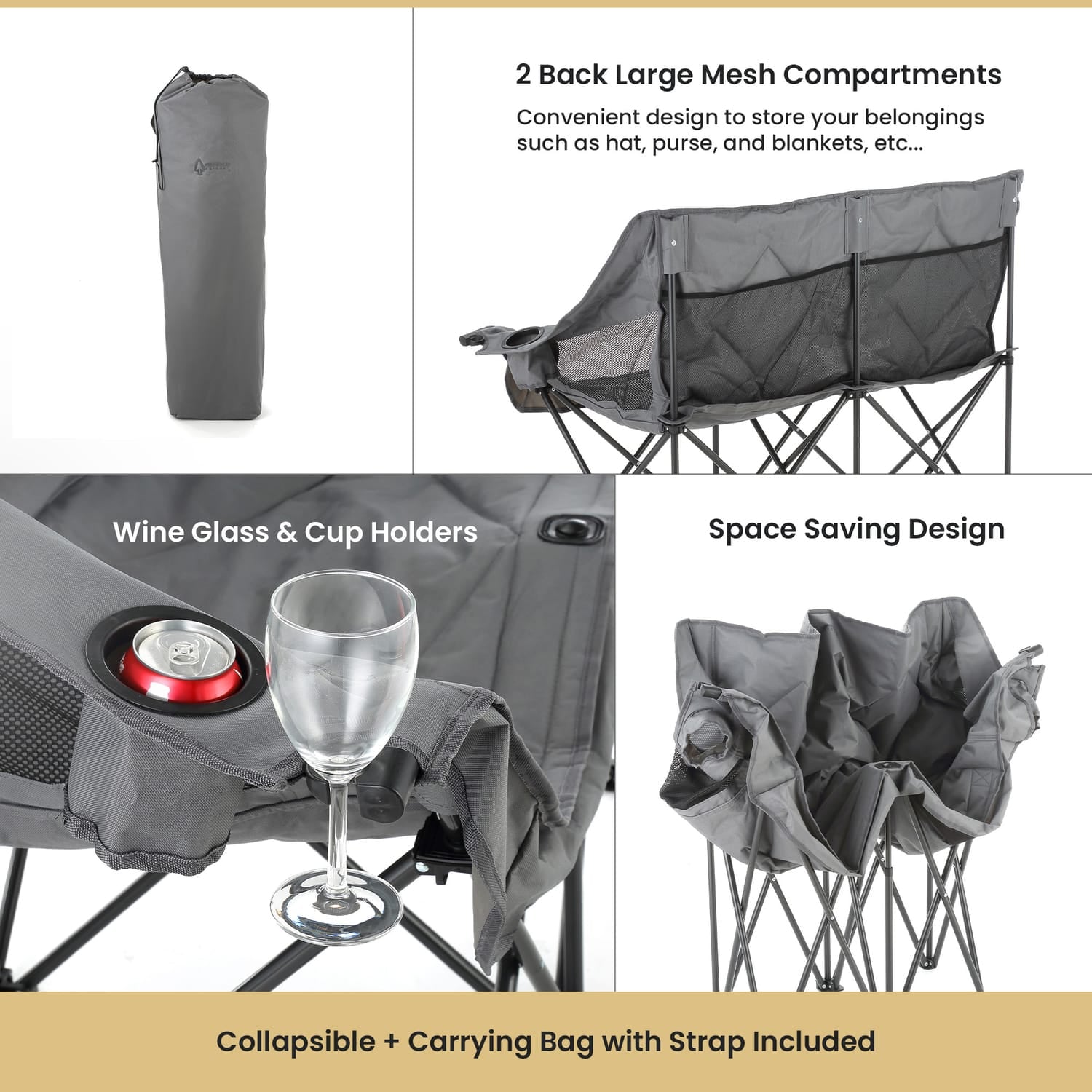 Arrowhead Outdoor Portable Folding Double Duo Camping Chair Loveseat with 2 Cup-Holders, Wine Glass Holder, Carrying Bag, 56 In. x 21 In.