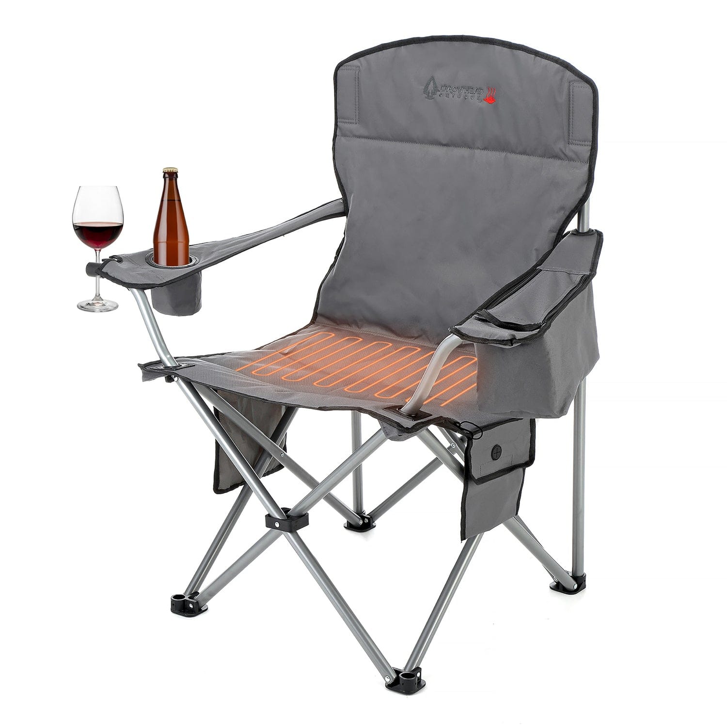 Arrowhead Outdoor Portable Folding USB-Heated Camping Chair with 6-Can Armrest Cooler, Gray