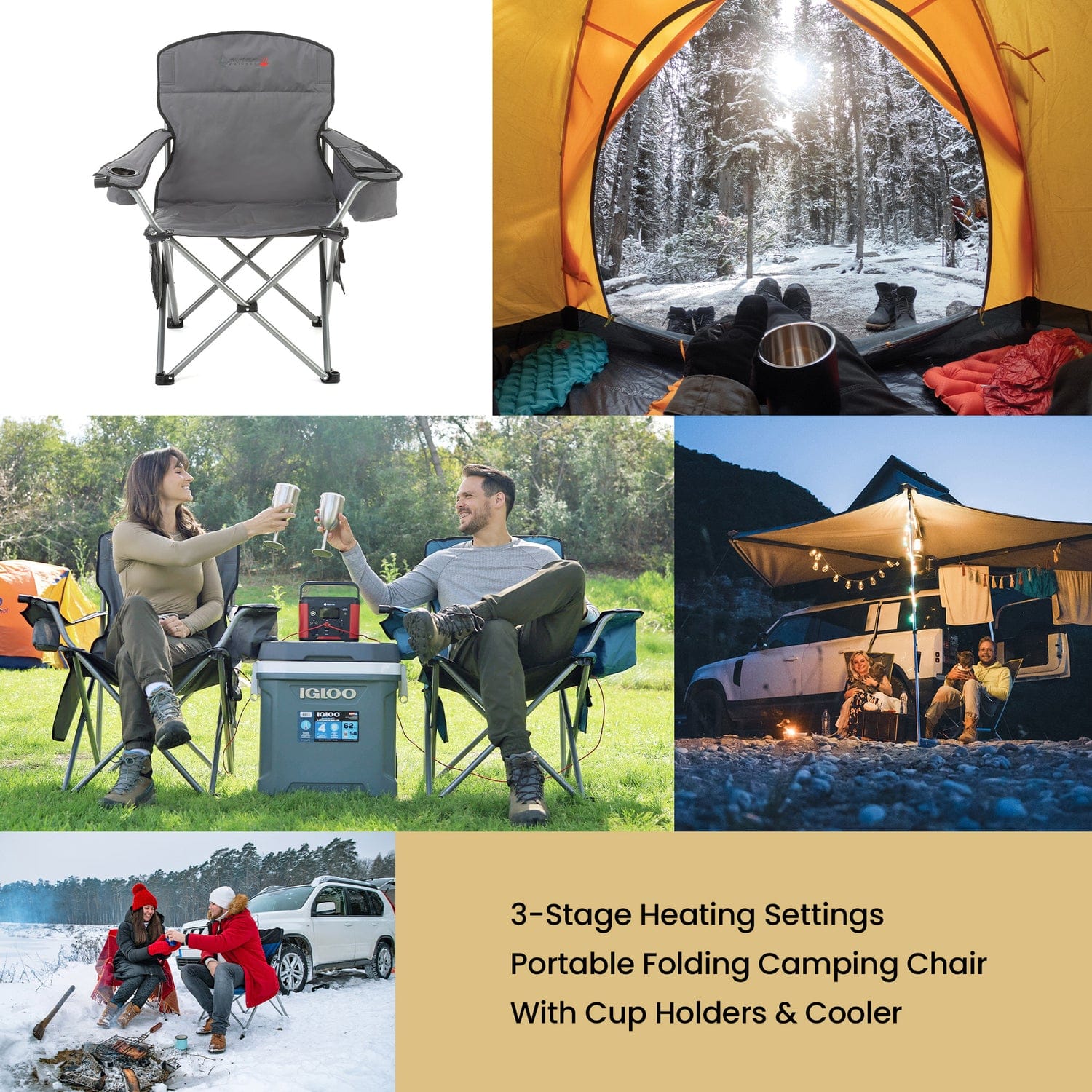 Arrowhead Outdoor Portable Folding USB-Heated Camping Chair with 6-Can Armrest Cooler, Gray