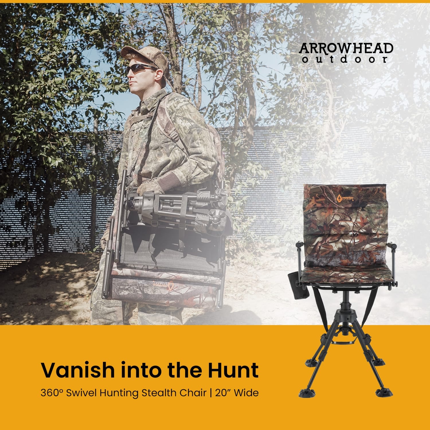 Arrowhead Outdoor Quiet 360°-Swivel Blind Chair with Removable Seat Pad and Armrests, Cup-Holder, and Carrying Bag, Adjustable Height