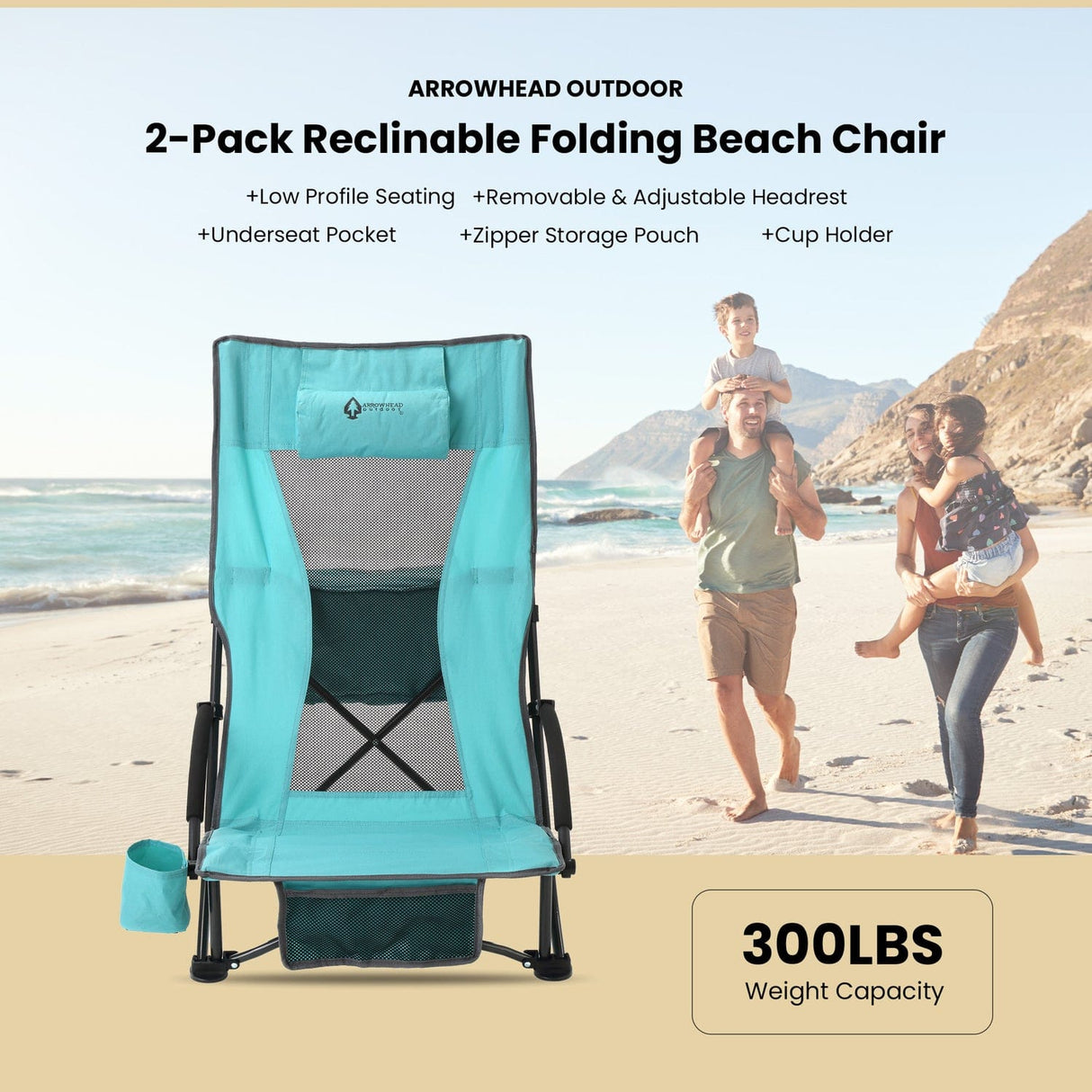 Arrowhead Outdoor Portable Reclinable Low-Profile Folding Beach Chair with Padded Headrest, Cup-Holder, and Carry Bag, Aqua Blue, 2 Pack