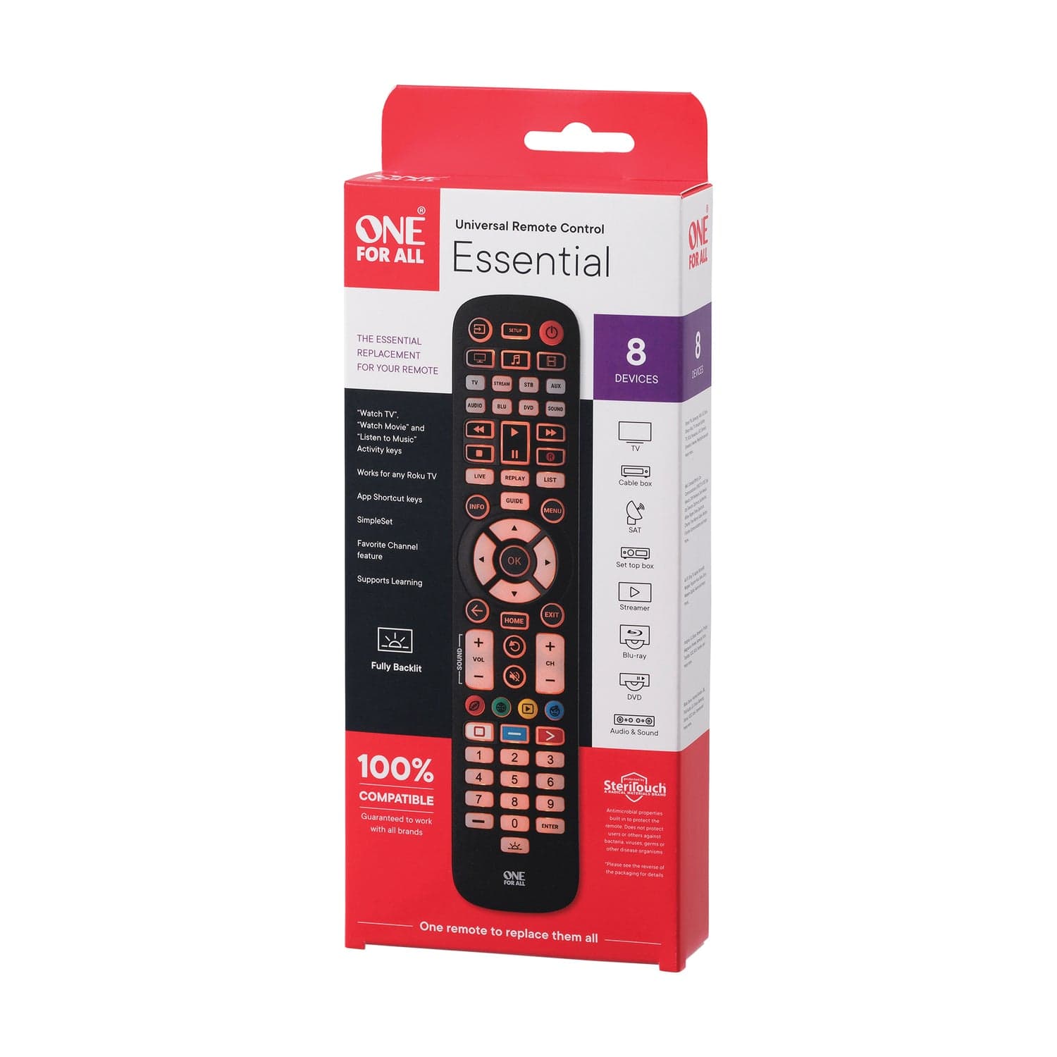 One For All Essential 8-Device Antimicrobial Backlit Universal Remote