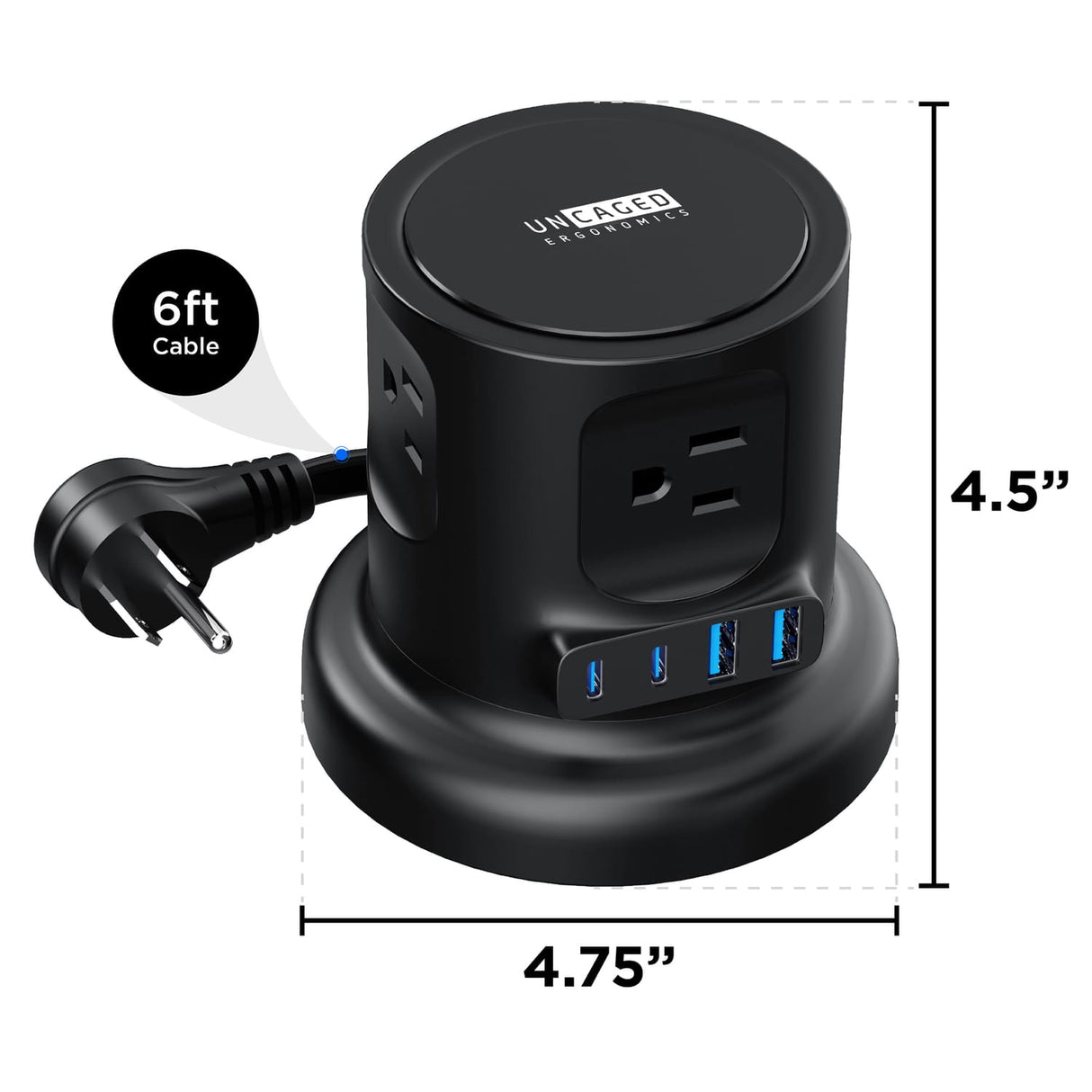 Uncaged Ergonomics 4-AC Outlet and 4-USB Port 320-Joules Retractable Cube Surge Protector Power Cube, 6-Ft. Retractable Cord with Angled Plug, Black