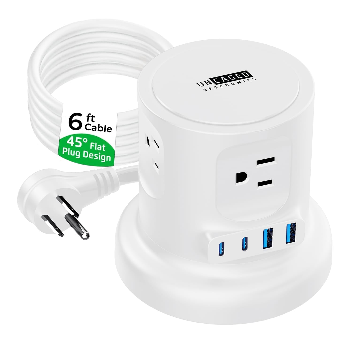 Uncaged Ergonomics 4-AC Outlet and 4-USB Port 320-Joules Retractable Cube Surge Protector Power Cube, 6-Ft. Retractable Cord with Angled Plug, White