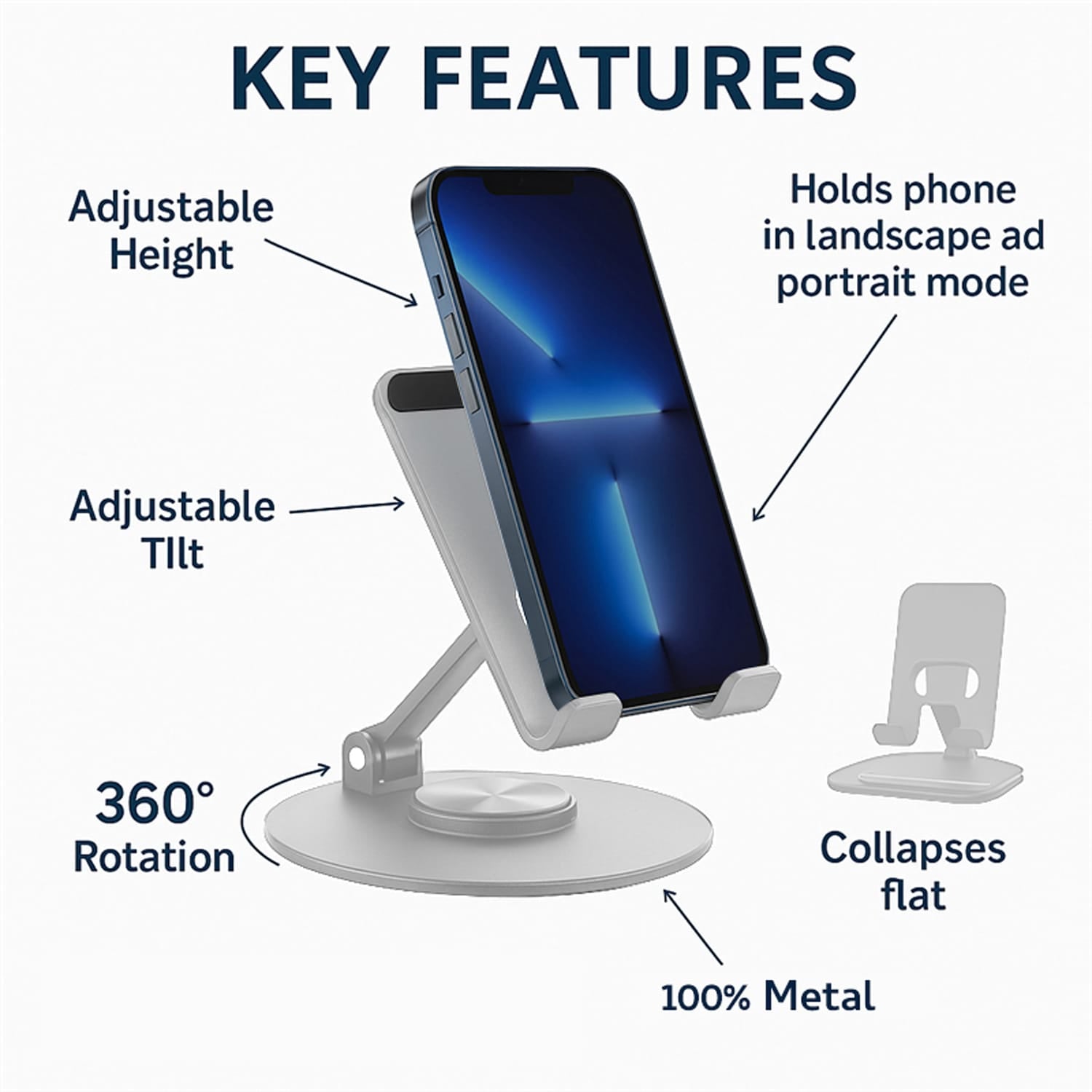 Uncaged Ergonomics 360° Swivel and Multi-Angle Tilt Phone Stand, Silver