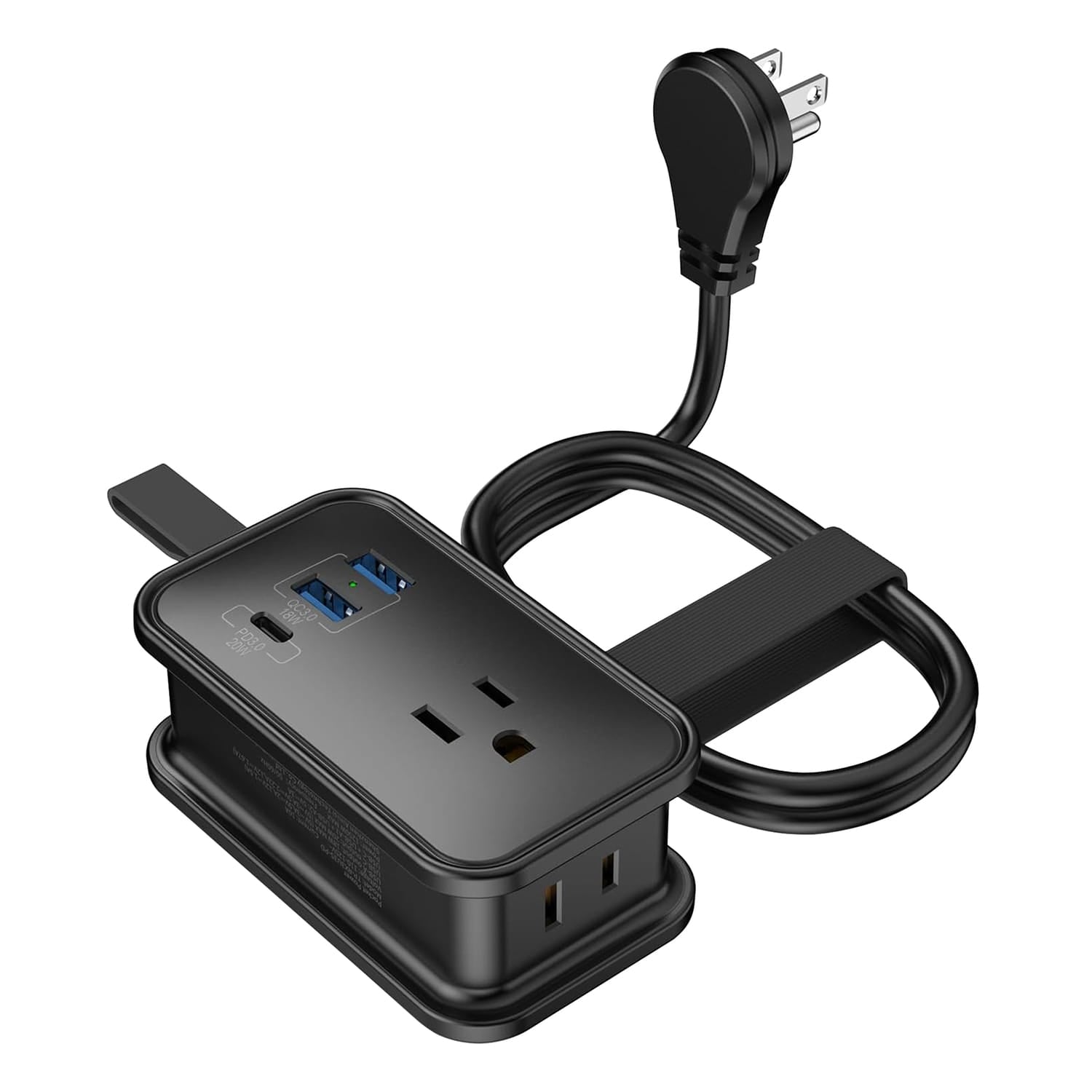 Uncaged Ergonomics Portable Travel Power Strip, 3 AC Outlets, 2 USB-A Ports, and 1 USB-C 20-Watt Fast-Charging Port, 3-Ft. Cord, Black