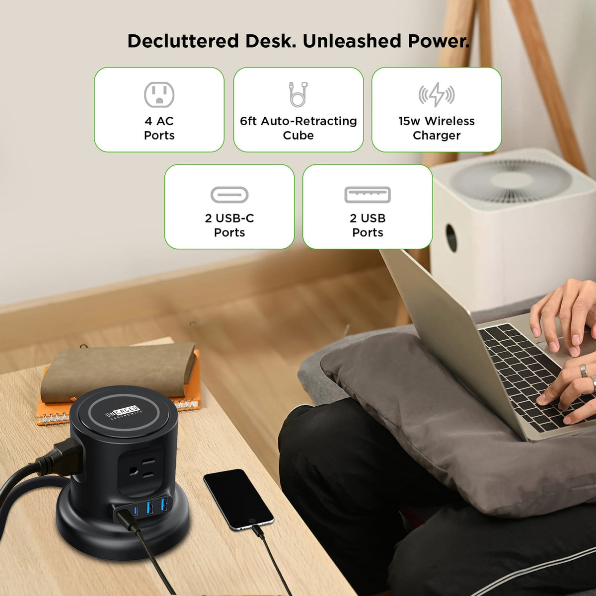 Uncaged Ergonomics 4-AC Outlet, 4-USB Port, Wireless Charging Pad Charger Cube Power Strip with Auto-Retracting 6-Ft. Cord, Black