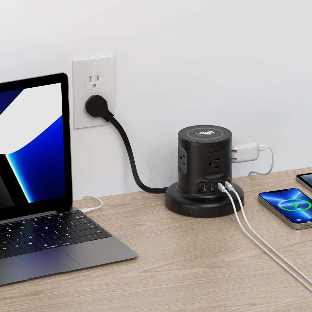 Uncaged Ergonomics 4-AC Outlet, 4-USB Port, Wireless Charging Pad Charger Cube Power Strip with Auto-Retracting 6-Ft. Cord, Black