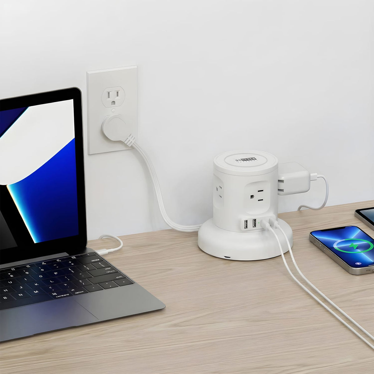 Uncaged Ergonomics 4-AC Outlet, 4-USB Port, Wireless Charging Pad Charger Cube Power Strip with Auto-Retracting 6-Ft. Cord, White