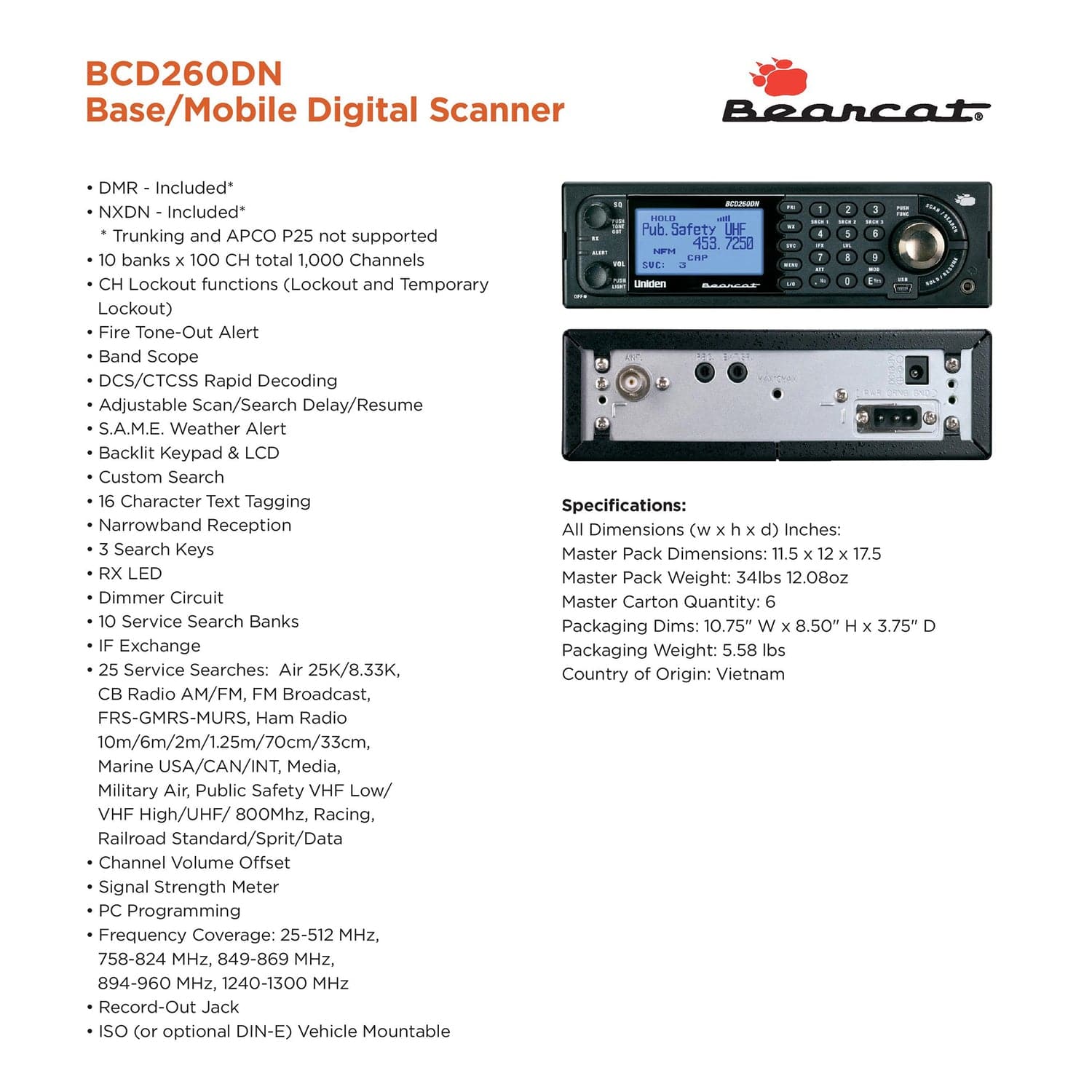 Uniden Bearcat Base/Mobile Digital Scanner, BCD260DN