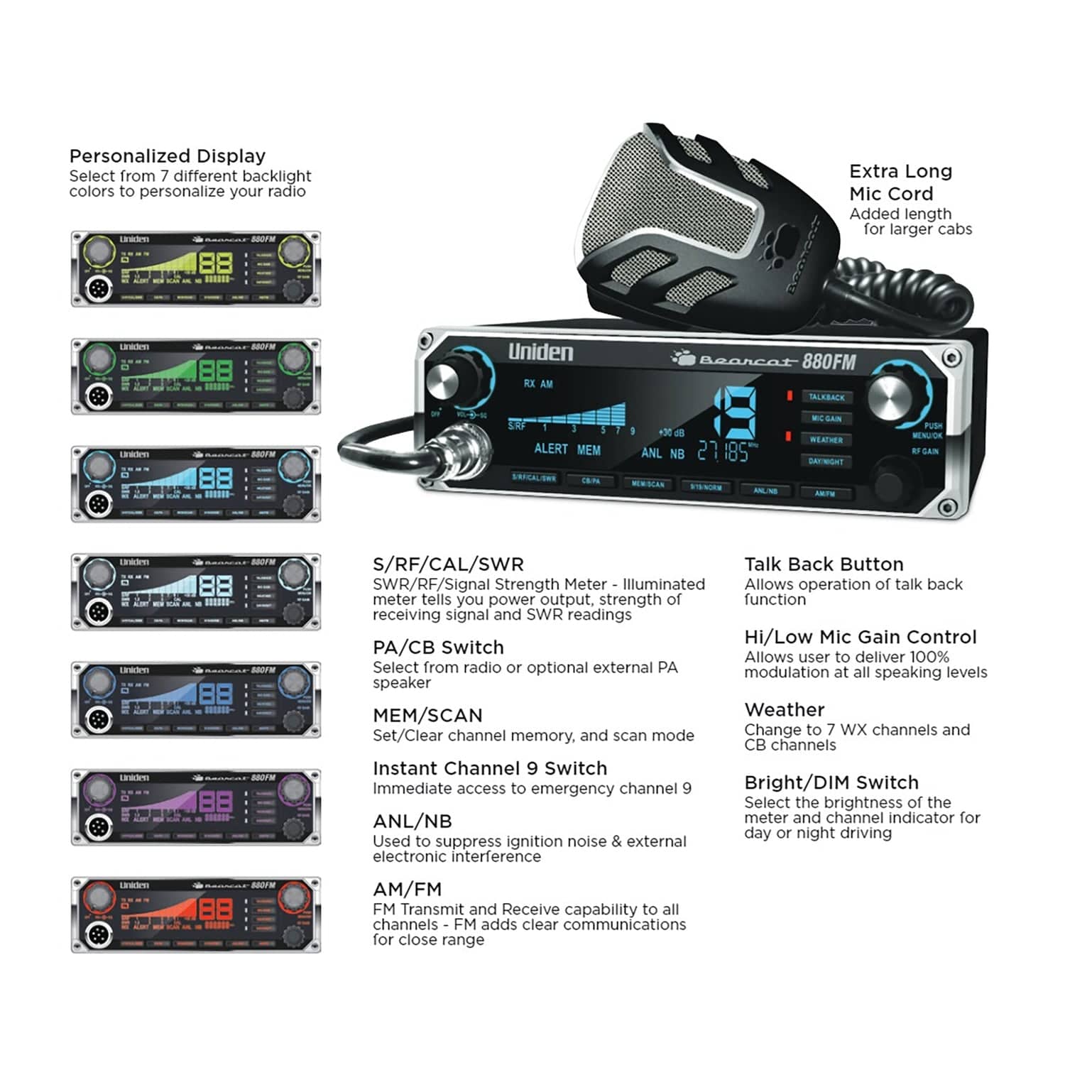 Uniden Bearcat 880FM 40-Channel CB Radio, AM/FM Transmit and Receive with 7-Color LCD Display