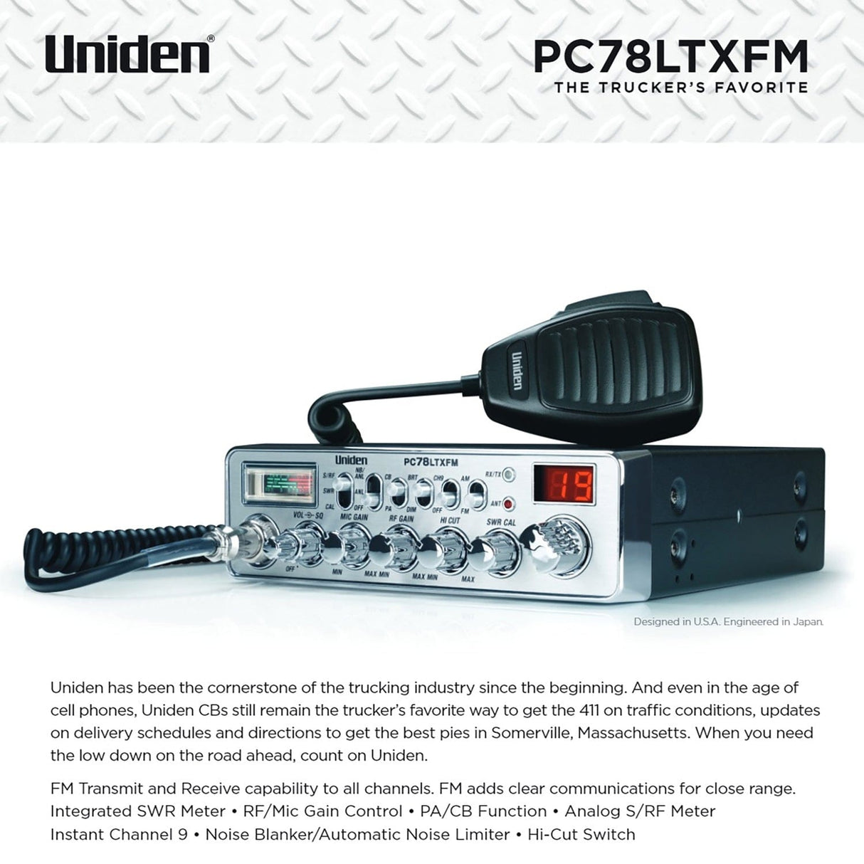 Uniden 40-Channel CB Radio, AM/FM Transmit and Receive with Integrated SWR Antenna, PC78LTXFM