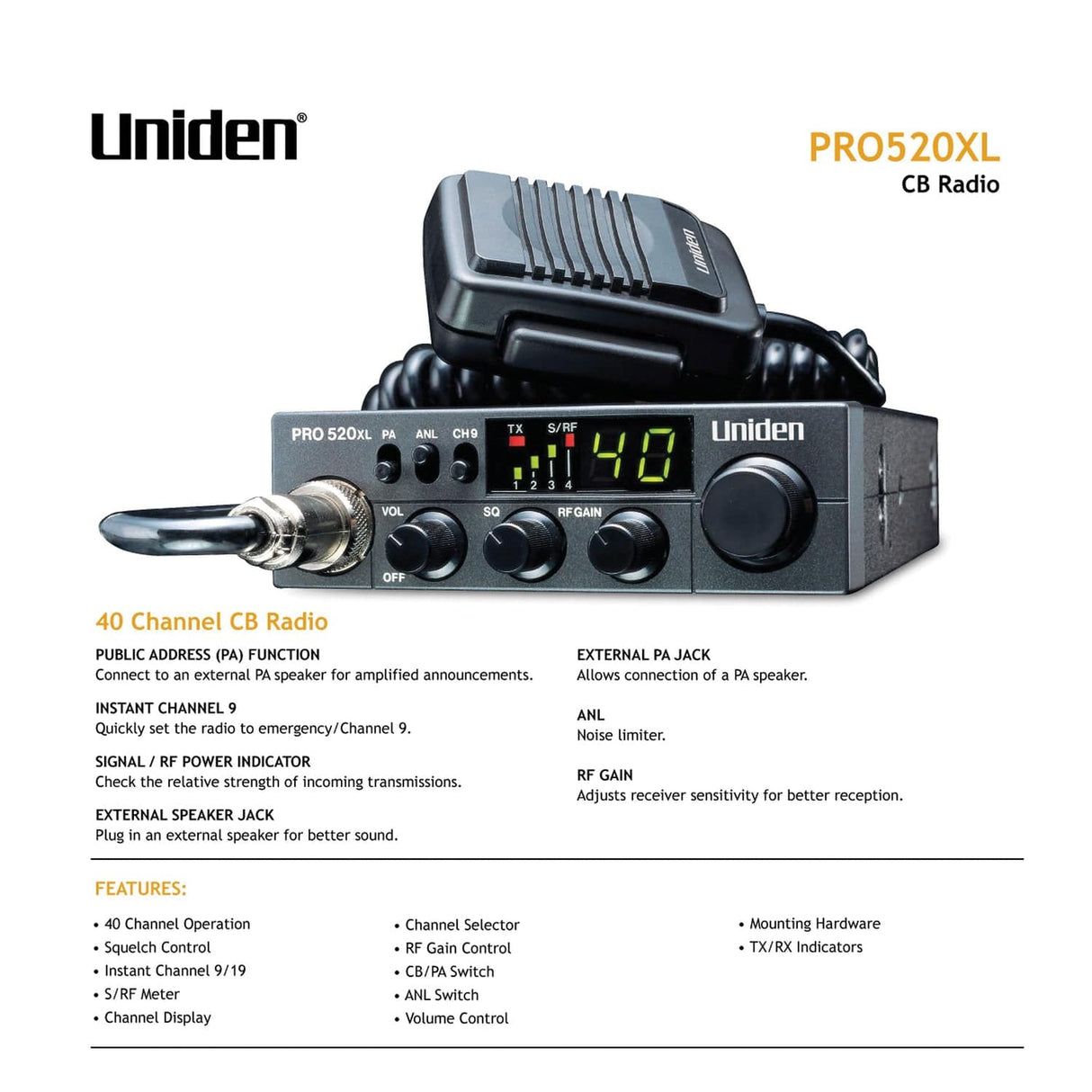 Uniden Professional Series 40-Channel Compact CB Radio, PRO520XL
