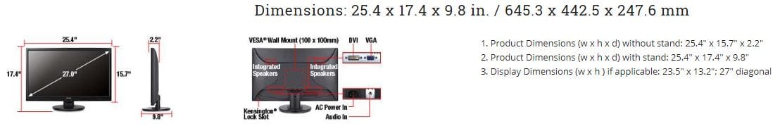 ViewSonic 27" Full HD 1080p LED Monitor with DVI and VGA Inputs - Certified Refurbished
