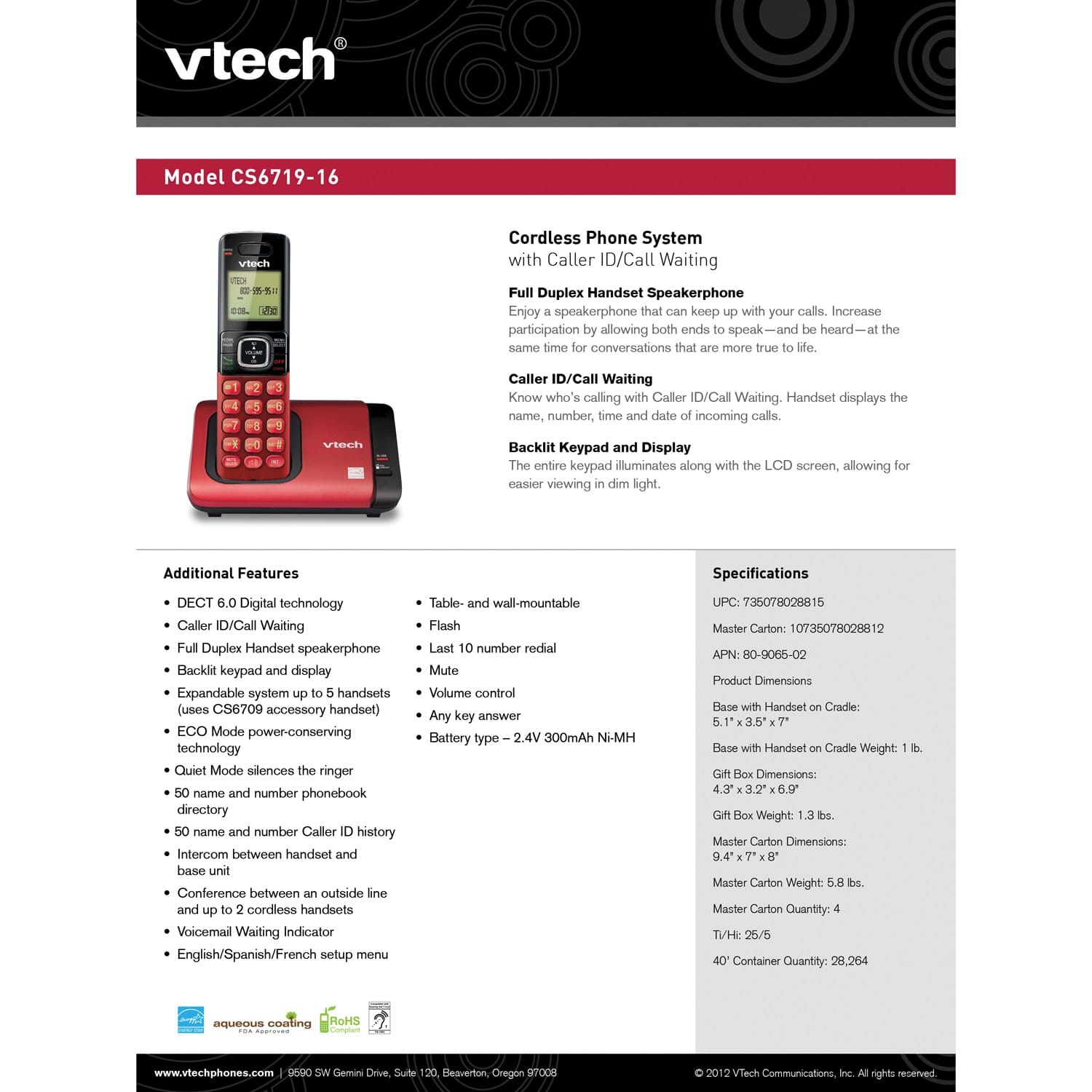VTech 1-Handset DECT 6.0 Expandable Cordless Phone System for Landline, Caller ID/Call Waiting and Backlit Keypad/Display, CS6719-16