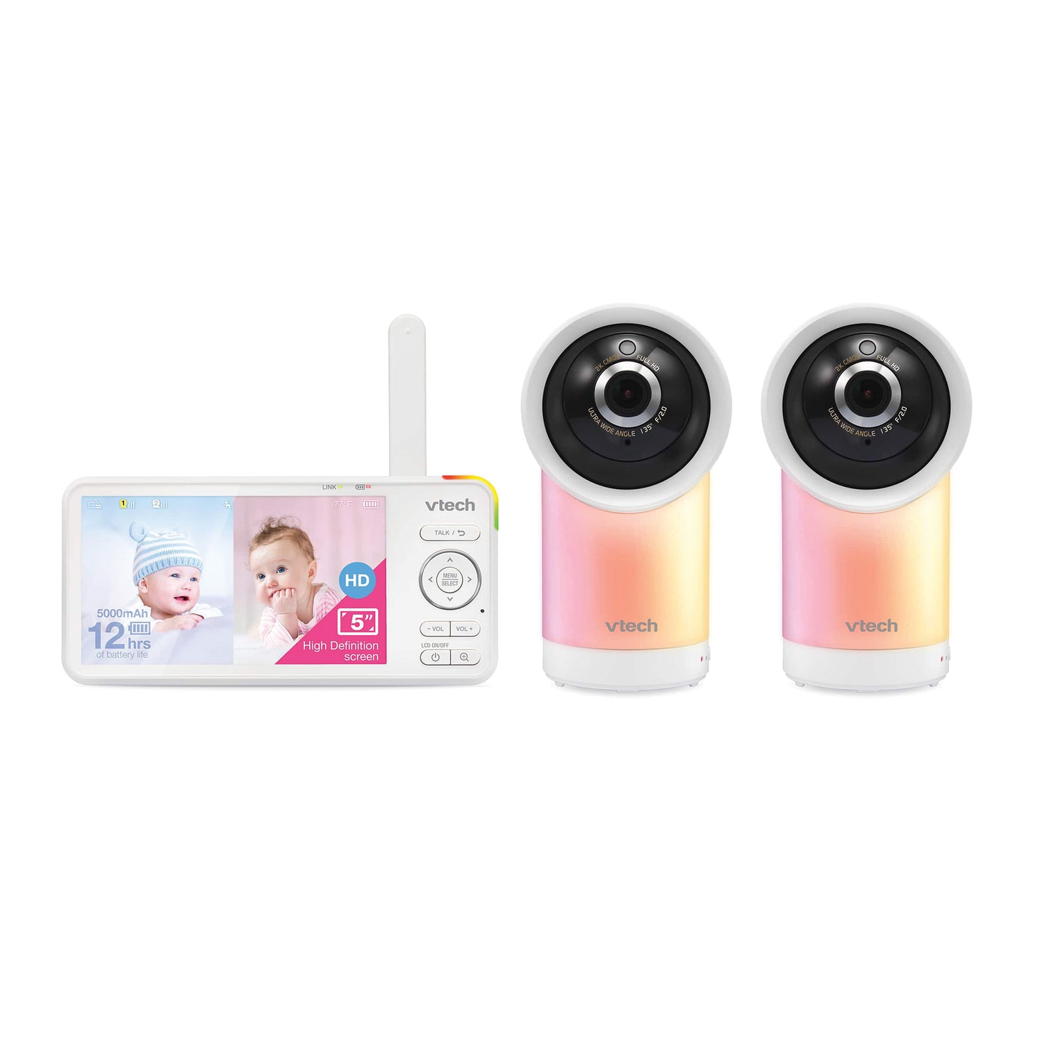 VTech RM57662HD Smart Wi-Fi 1080p 2-Camera 360°-Pan-and-Tilt Video Baby Monitor System with 5-In. Display, Night-Light, and Remote Access, White
