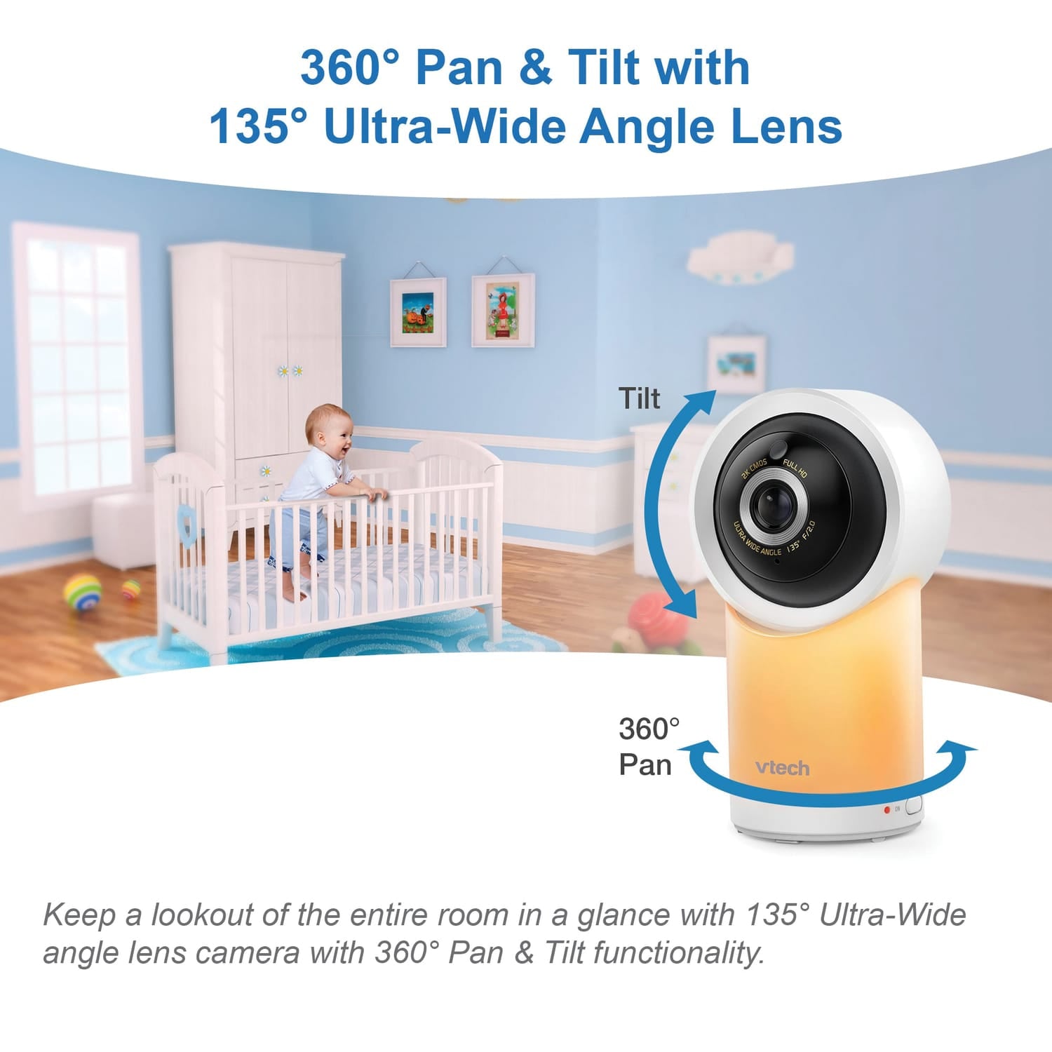 VTech RM77662HD Smart Wi-Fi 1080p 2-Camera 360°-Pan-and-Tilt Video Baby Monitor System with 7-In. Display, Night-Light, and Remote Access, White