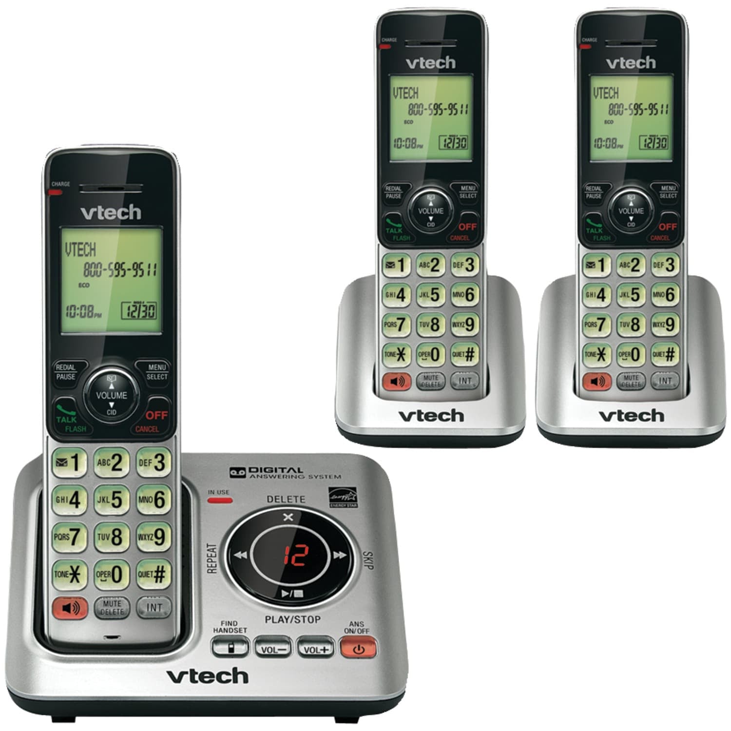 VTech DECT 6.0 Expandable Cordless Phone System for Landline, Digital Answering System and Caller ID/Call Waiting, 3 Handset