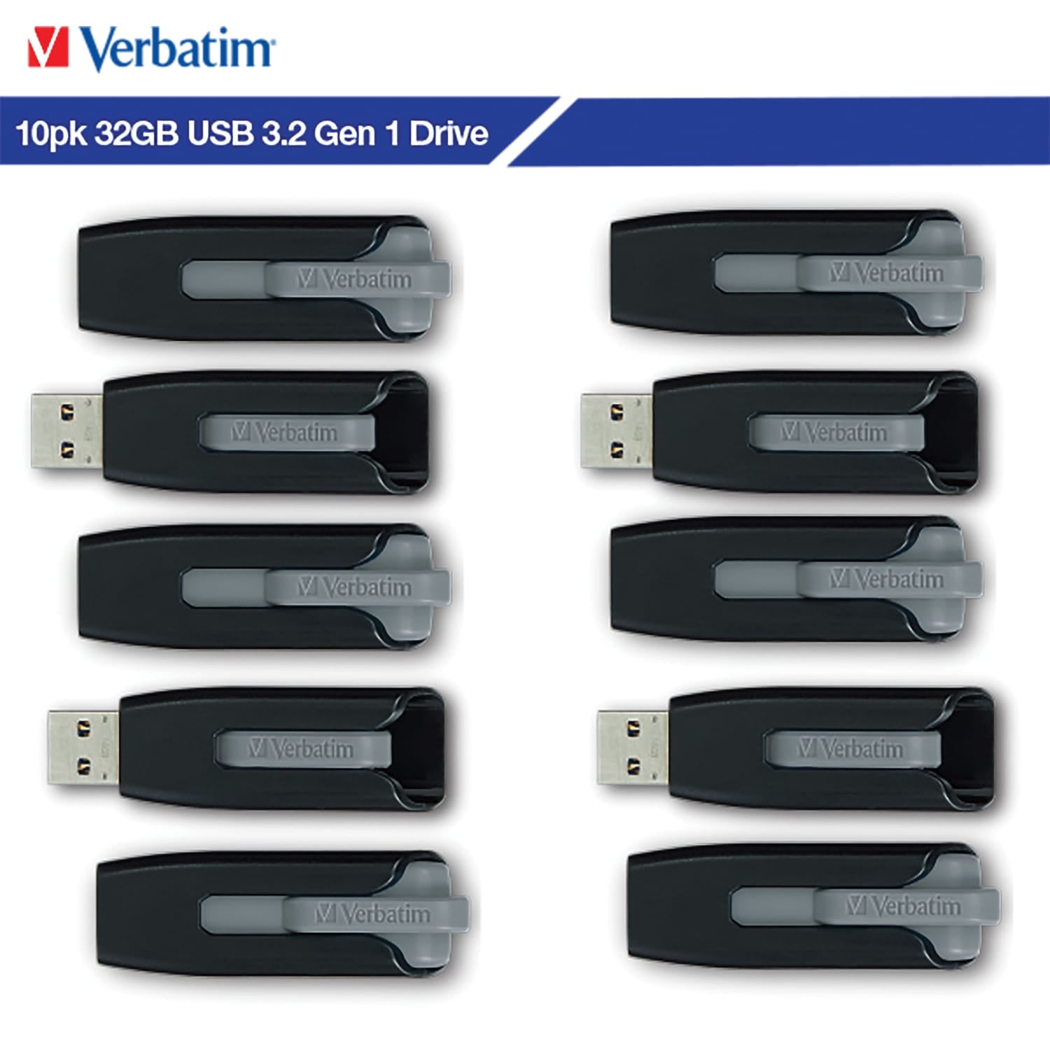Verbatim 32-GB Store ‘n’ Go V3 USB 3.2 Gen 1 Flash Drives, Business Bulk 10 Count, Gray