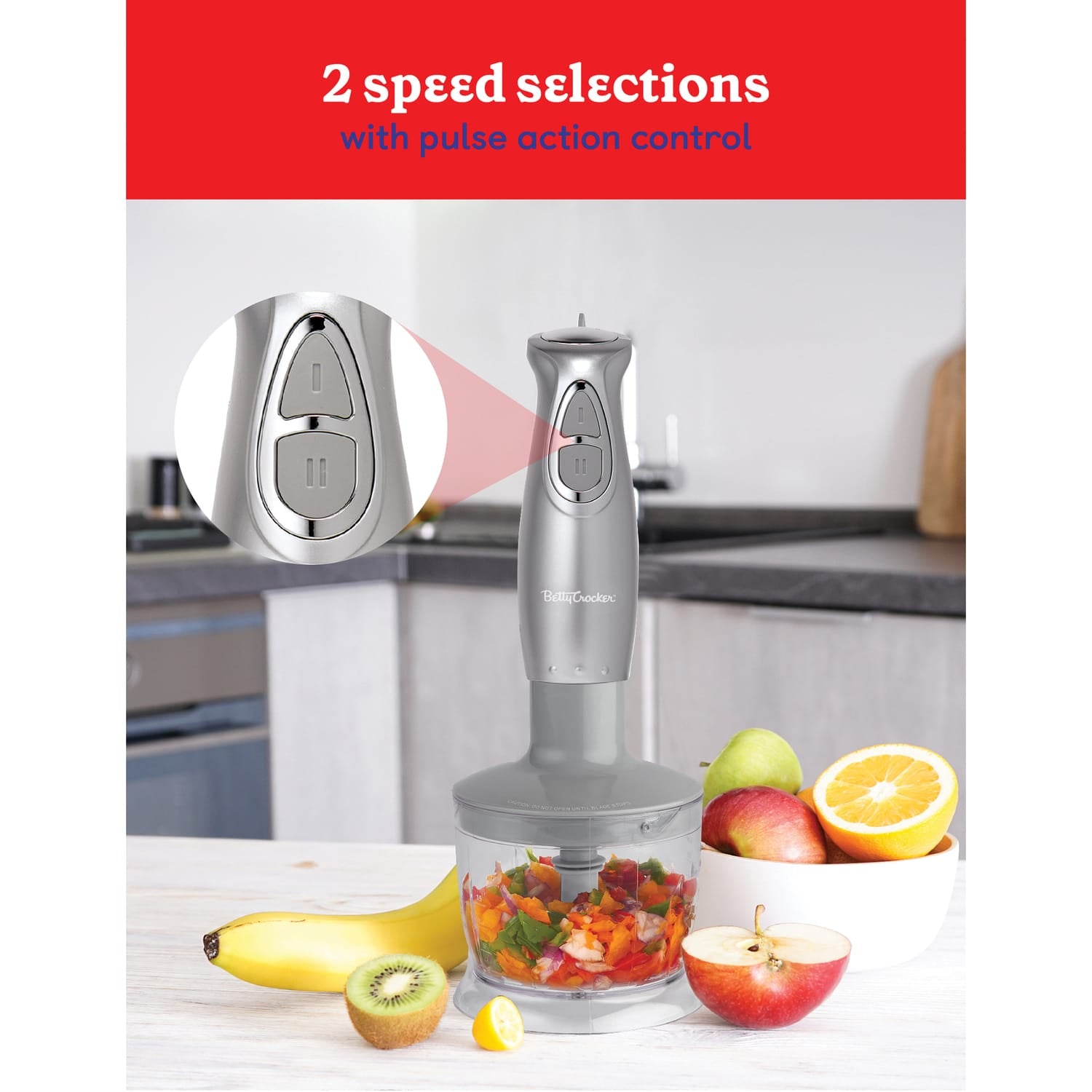 Betty Crocker 2-Speed Corded Electric Hand Blender with Beaker, Chopper, and Whisk, Silver