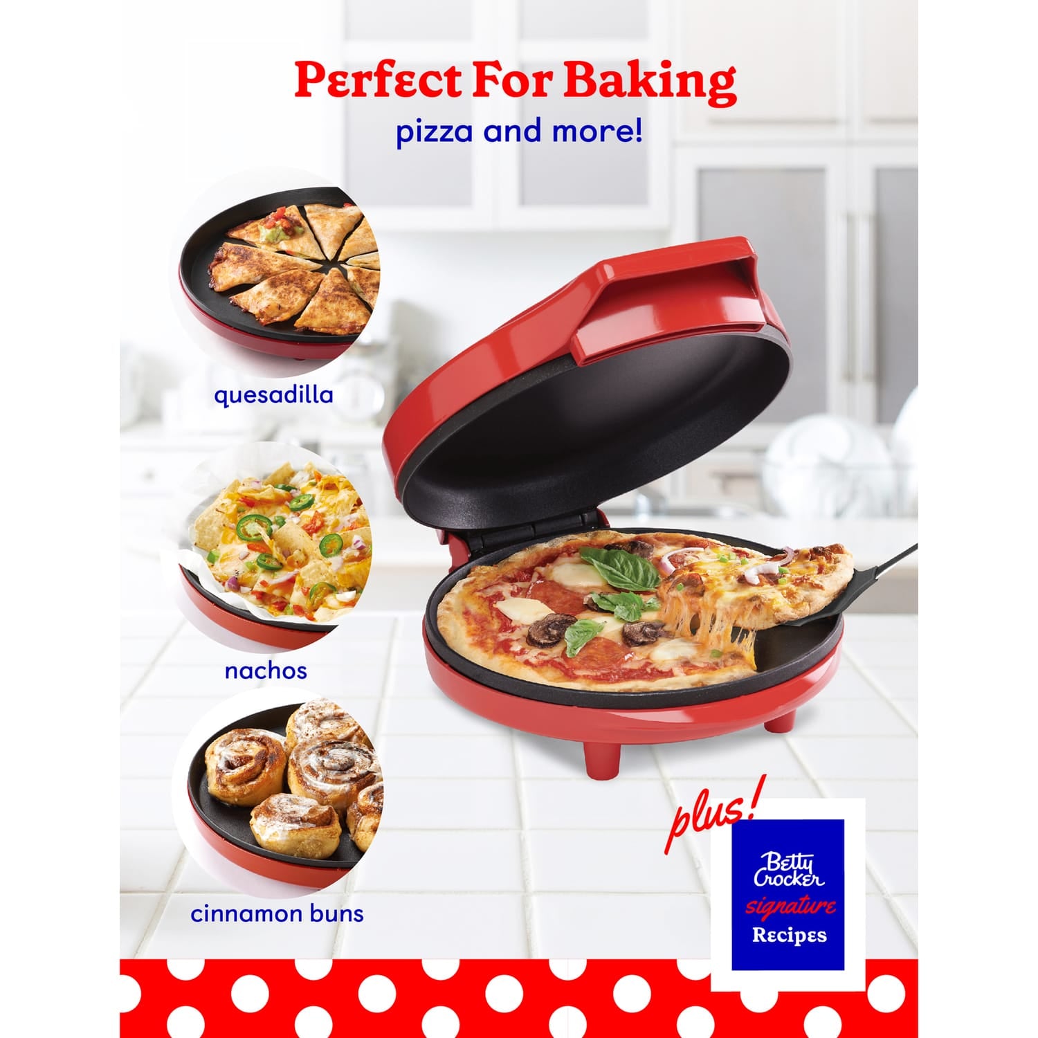 Betty Crocker 8-In. Indoor Electric Travel Nonstick Pizza Maker Plus with Insulated Travel Bag, Red