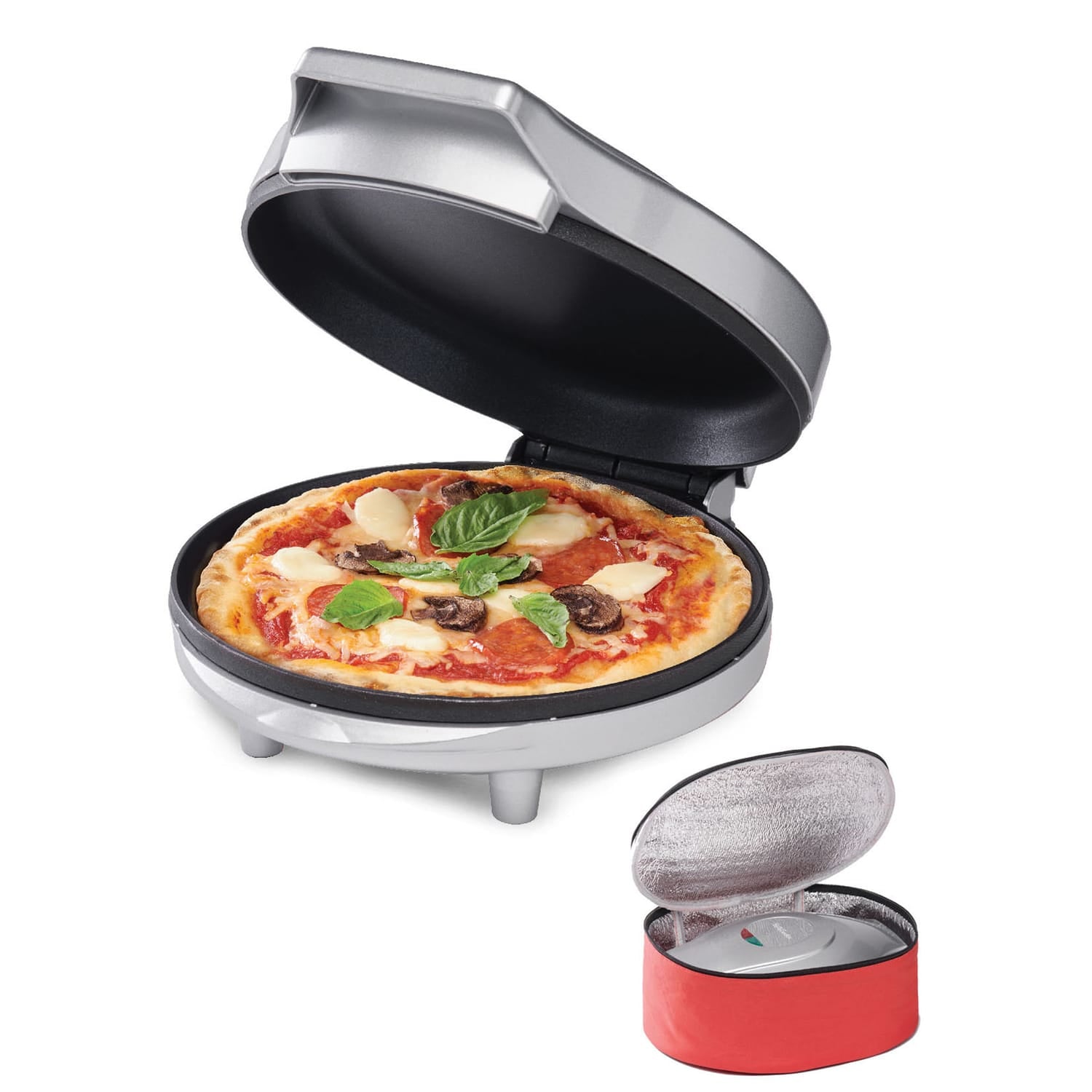 Betty Crocker 8-In. Indoor Electric Travel Nonstick Pizza Maker Plus with Insulated Travel Bag, Silver