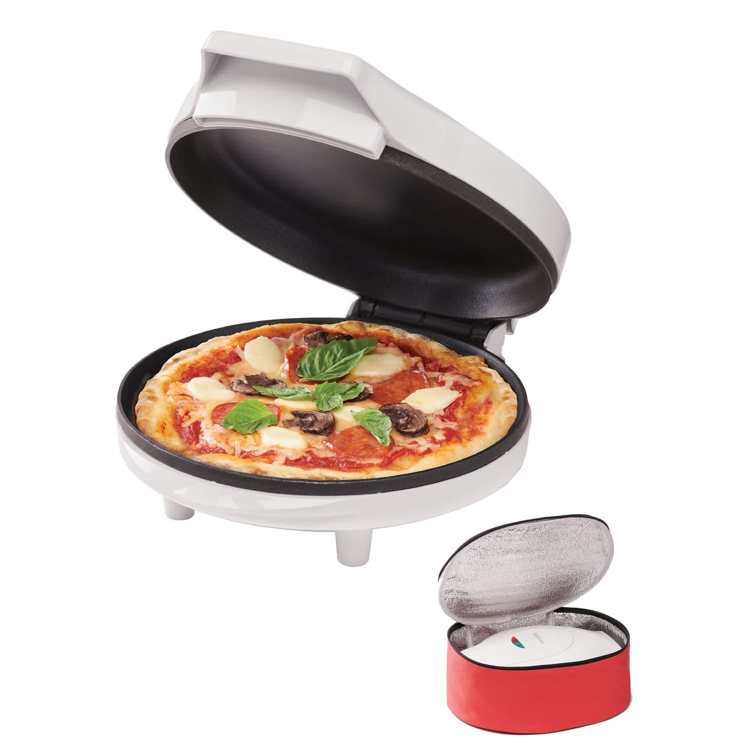 Betty Crocker 8-In. Indoor Electric Travel Nonstick Pizza Maker Plus with Insulated Travel Bag, White