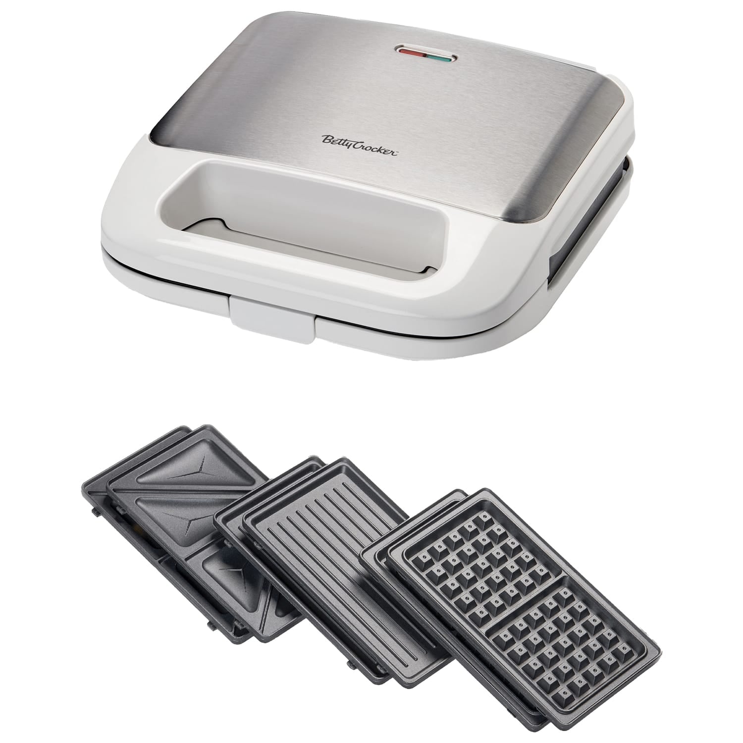 Betty Crocker 3-in-1 Indoor Electric Grill Plus with Sandwich/Panini Press and Waffle Maker, White