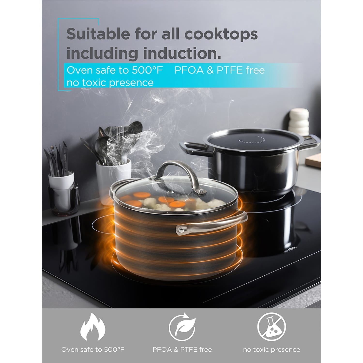 Black+Decker 12-Piece Ceramic and Aluminum Cookware Set, Gray