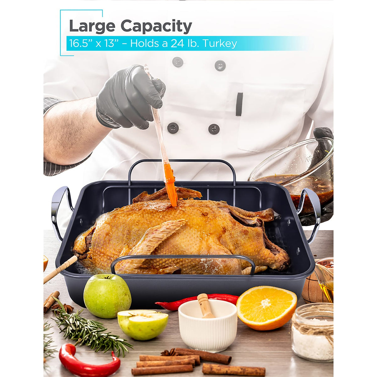 Black+Decker Large Turkey Roasting Pan with Rack and Stainless Steel Handles, Carbon Steel with Ceramic Nonstick Coating, BDK400B