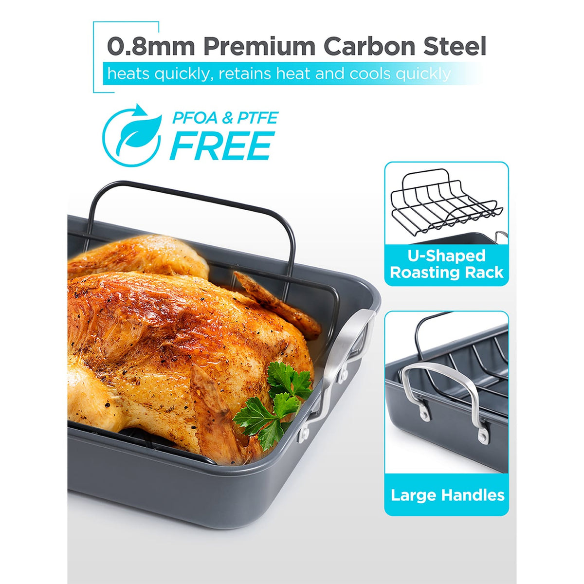 Black+Decker Large Turkey Roasting Pan with Rack and Stainless Steel Handles, Carbon Steel with Ceramic Nonstick Coating, BDK400B