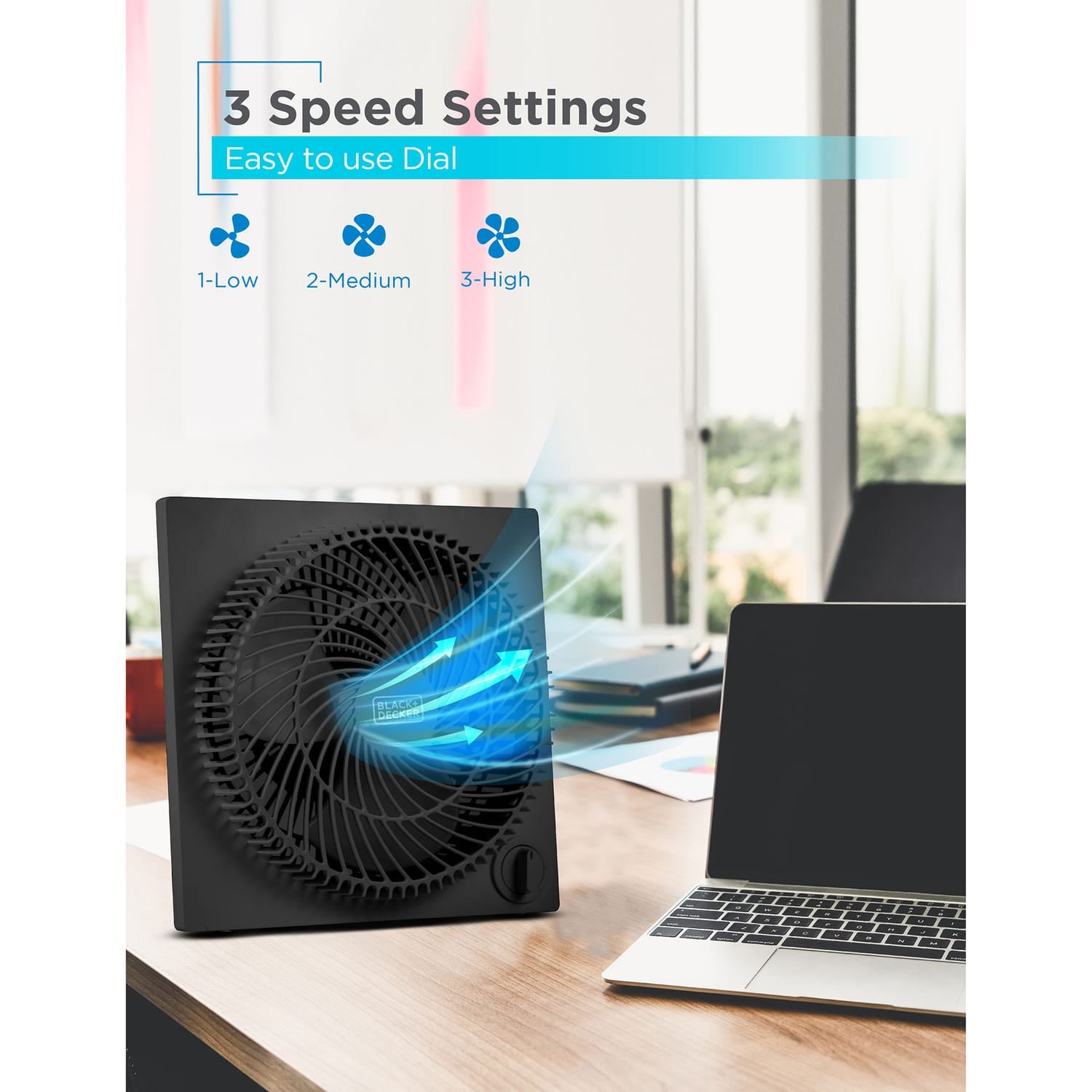 Black+Decker 9-In. 3-Speed Portable Frameless Tabletop Box Fan, BFB09, Black