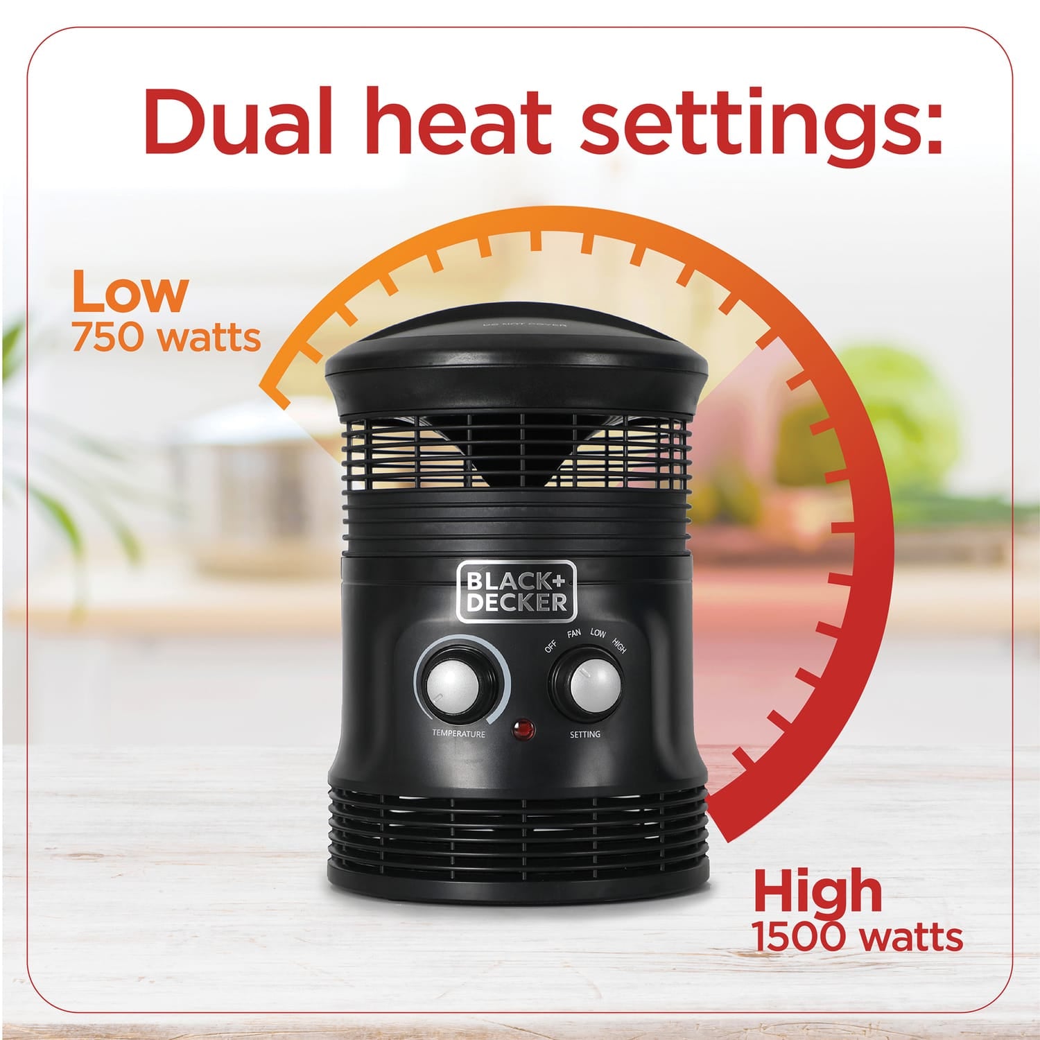 Black+Decker 360° Surround Portable Electric Heater and Fan, 1500/750 Watts/Fan Only, 5120 BTUs, Thermostat, Safety Features, 70.8-In. Cord
