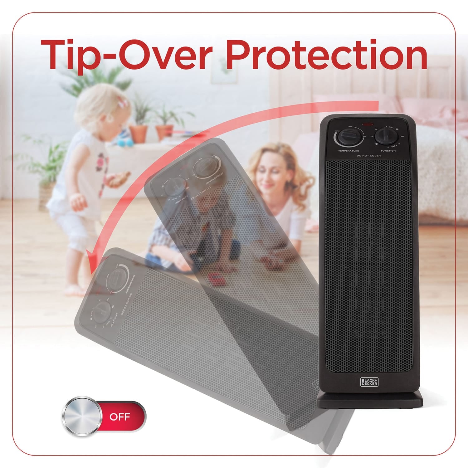 Black+Decker Oscillating Ceramic Tower Heater and Fan, 1500/1000/Fan Only, 5120 BTUs, 75° Oscillation, Thermostat, Safety Features, 70.8-In. Cord