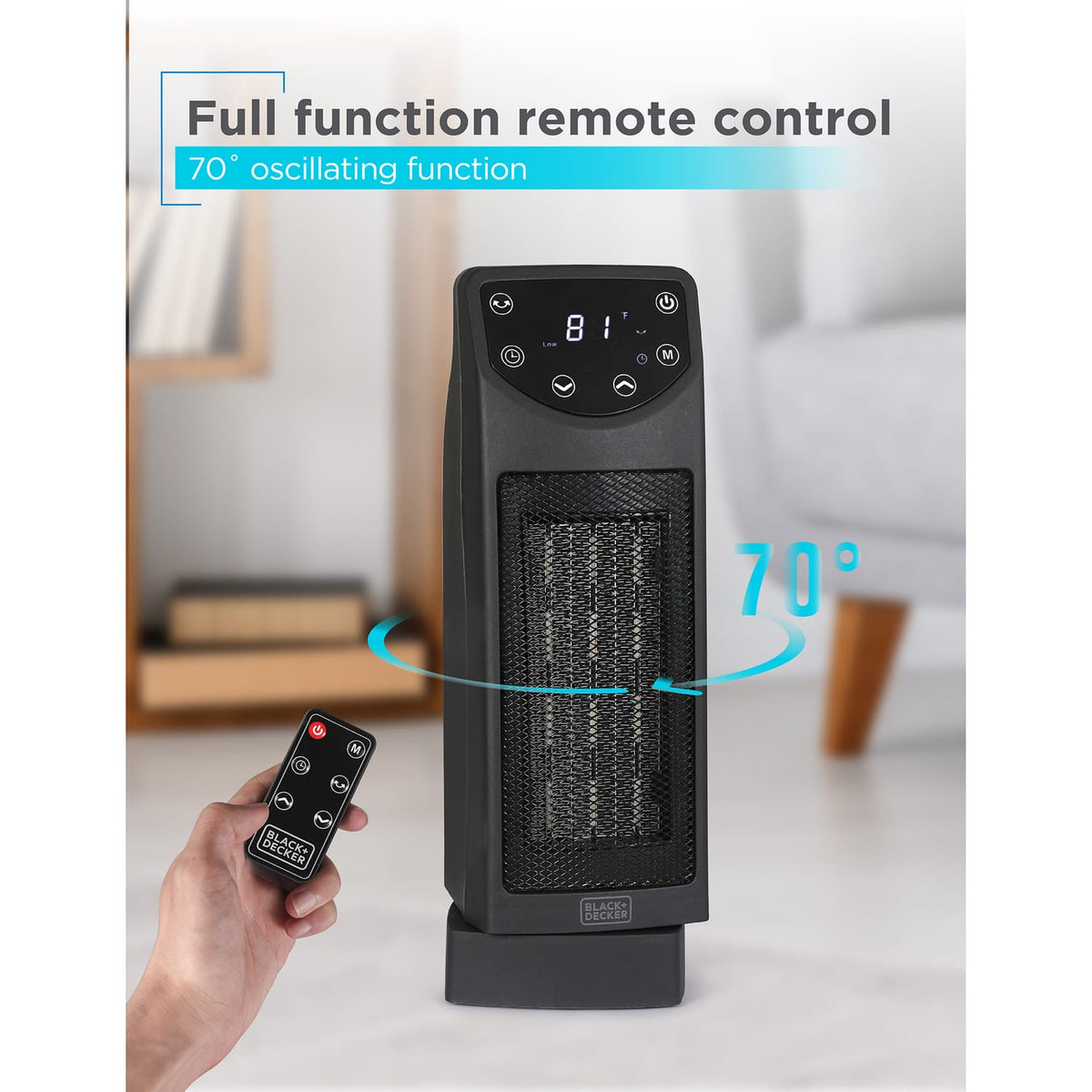 Black+Decker Portable Oscillating Ceramic Mini Tower Heater and Fan Combo, 1500/1000 Watts/Fan Only, 5100 BTU, 70° Oscillation, Remote, 6-Ft. Cord