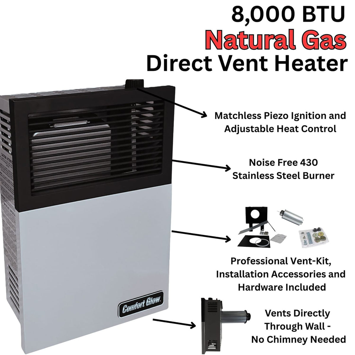 Comfort Glow 8000 BTU Direct-Vent Natural Gas Wall Heater with Vent Kit, Matchless Piezo Ignition with Adjustable Heat Control, 250 Sq. Ft, DVN08